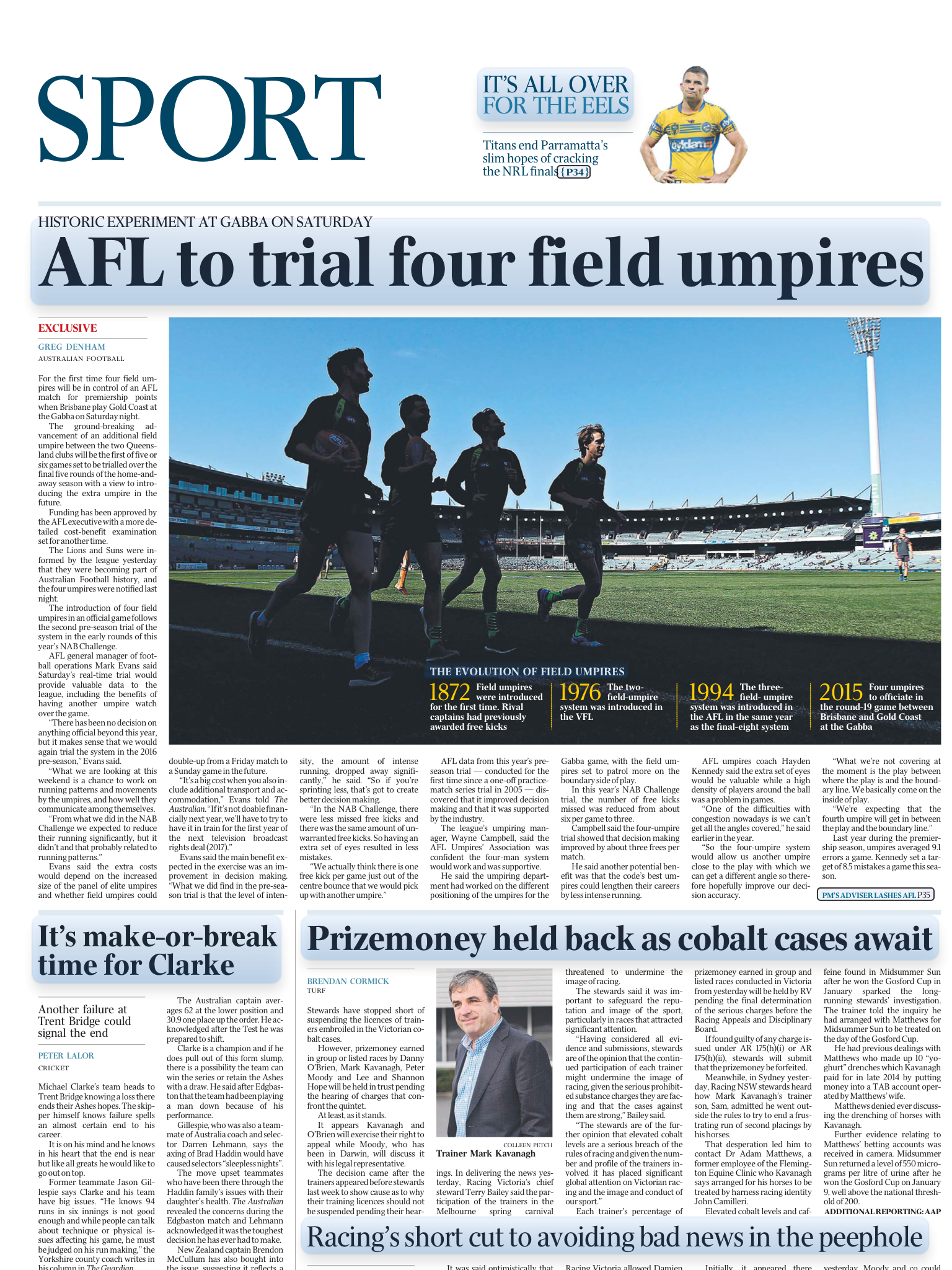 Front page of a sports newspaper with headline 'AFL to trial four field umpires'. It features a large photograph of four people running on a sports field in the stadium, and a smaller image of a male athlete in a yellow and blue sports uniform at the