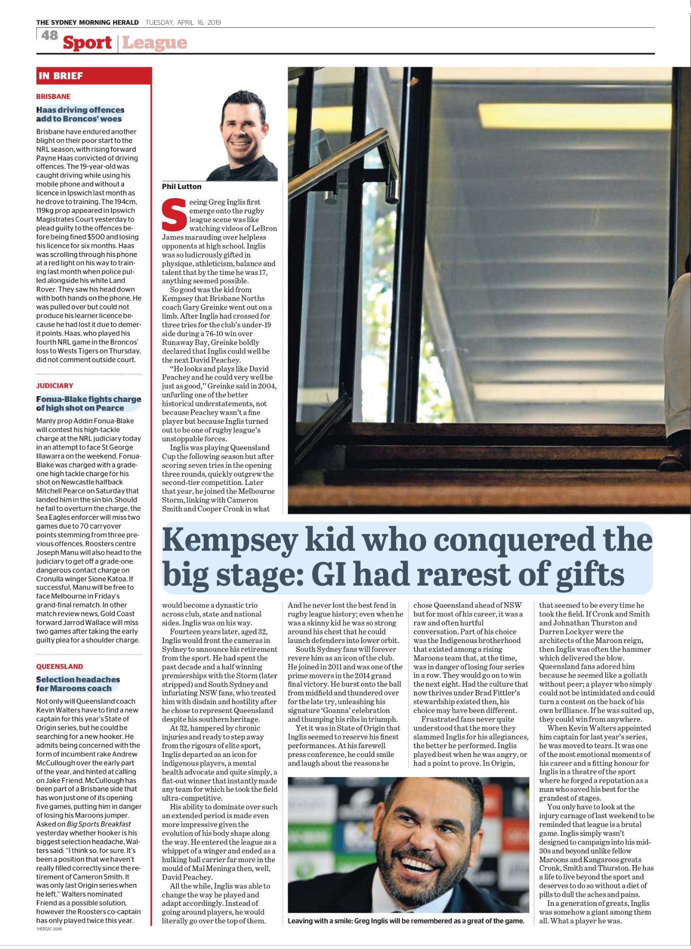 Newspaper page featuring an article about Kempsey kid Greg Inglis, a rugby player, with a large headline and a photo of Inglis smiling and leaving a press conference.