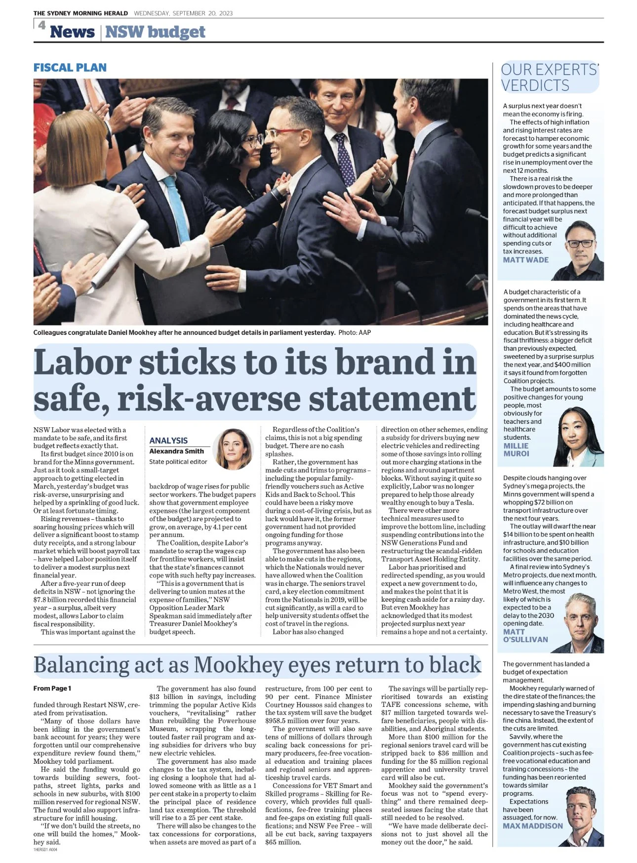 Newspaper page from the Sydney Morning Herald dated September 20, 2023, featuring a photo of politicians congratulating Daniel Mookhey in parliament. The main headline reads 'Labor sticks to its brand in safe, risk-averse stament,' focusing on the NS