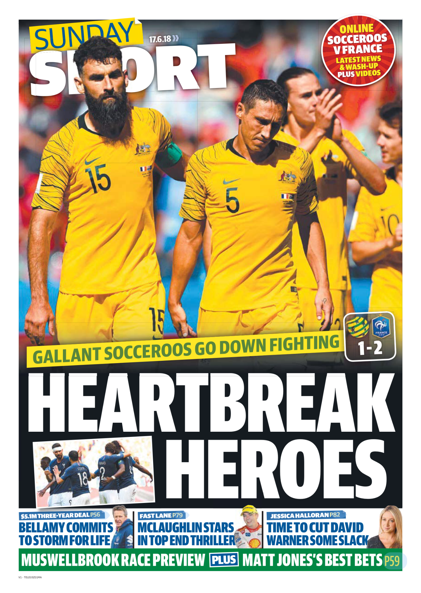 Cover of a sports magazine featuring Australian soccer players in yellow jerseys with numbers 15 and 5, walking off the field, with others in the background. Headlines include 'Gallant Soccerros Go Down Fighting' and 'Heartbreak Heroes.' Additional s