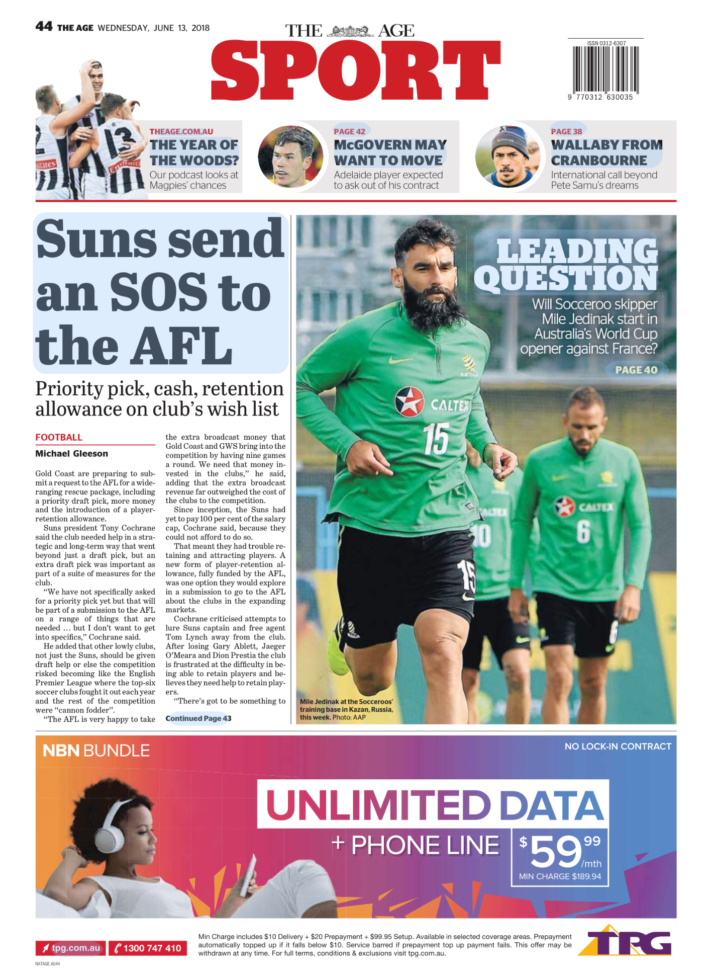Front page of The Age sports section, June 13, 2018, featuring a headline about Suns sending an SOS to the AFL, a large photo of soccer player Mile Jedinak training in Kazan, Russia, and various headlines about sports topics.
