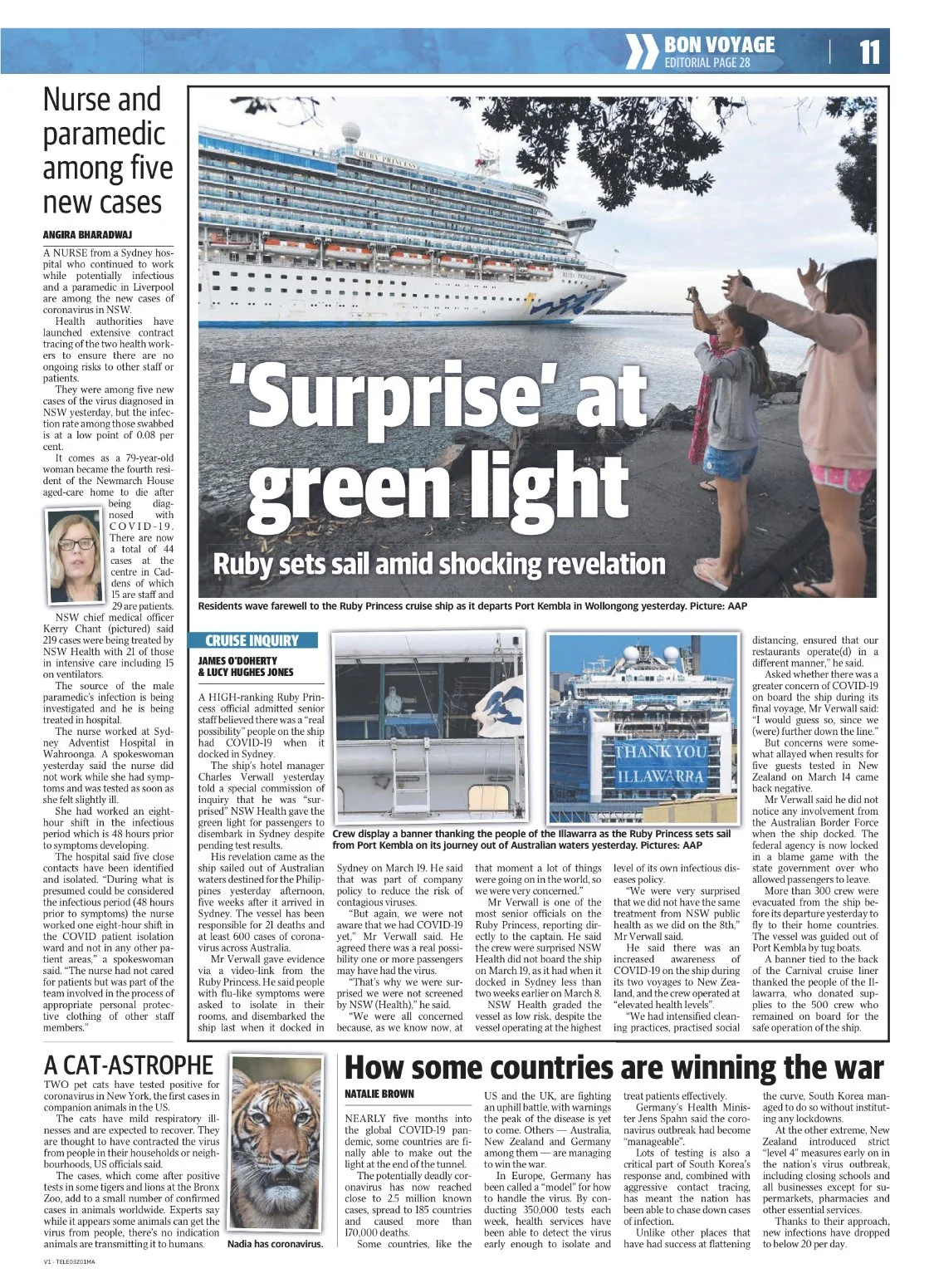 Residents wave farewell to the cruise ship Ruby Princess as it departs Port Kembla in Wollongong, with a large cruise ship in the water and people waving near the shore.