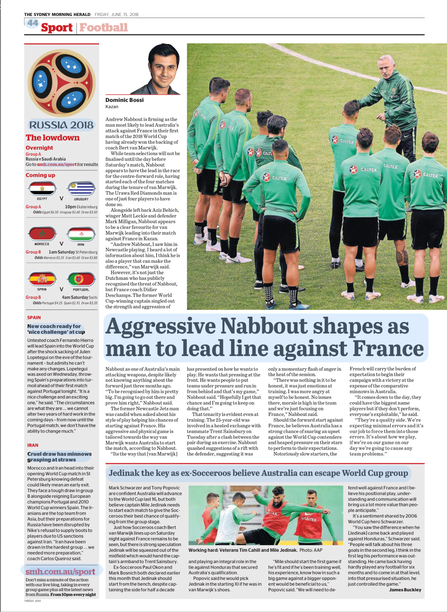 Australian soccer team coach giving instructions to players on the field during a training session, with some players listening attentively.