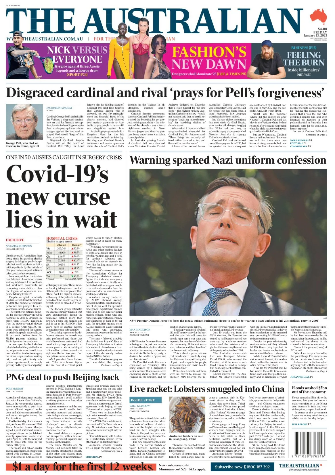 Front page of The Australian newspaper, dated January 13, 2023, featuring headlines about Covid-19, a Nazi uniform confession, a PNG deal to push Beijing back, an Australian lobster smuggling incident in China, and other news stories. The page includ