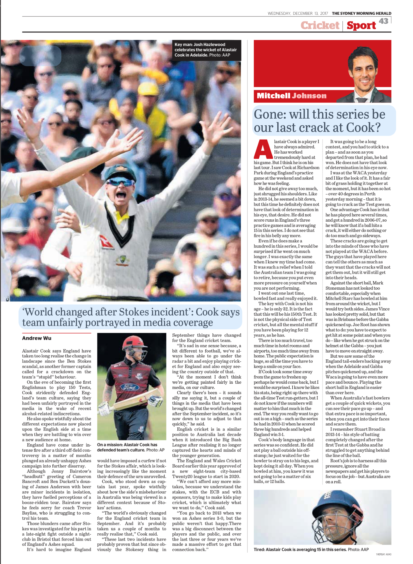Cricket player Alastair Cook celebrating a wicket with fans cheering nearby at a cricket match.