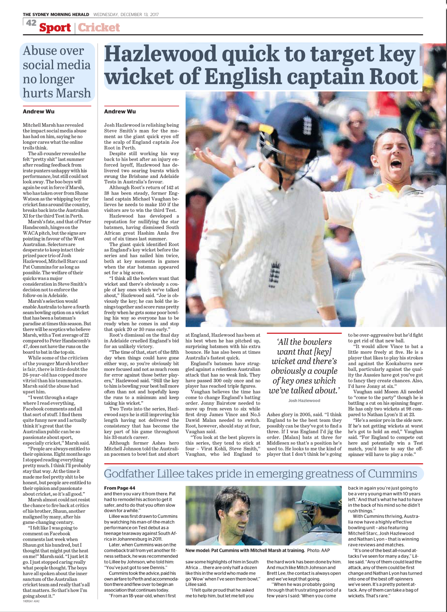 Newspaper article with image of cricket players during a match, celebrating on the field.