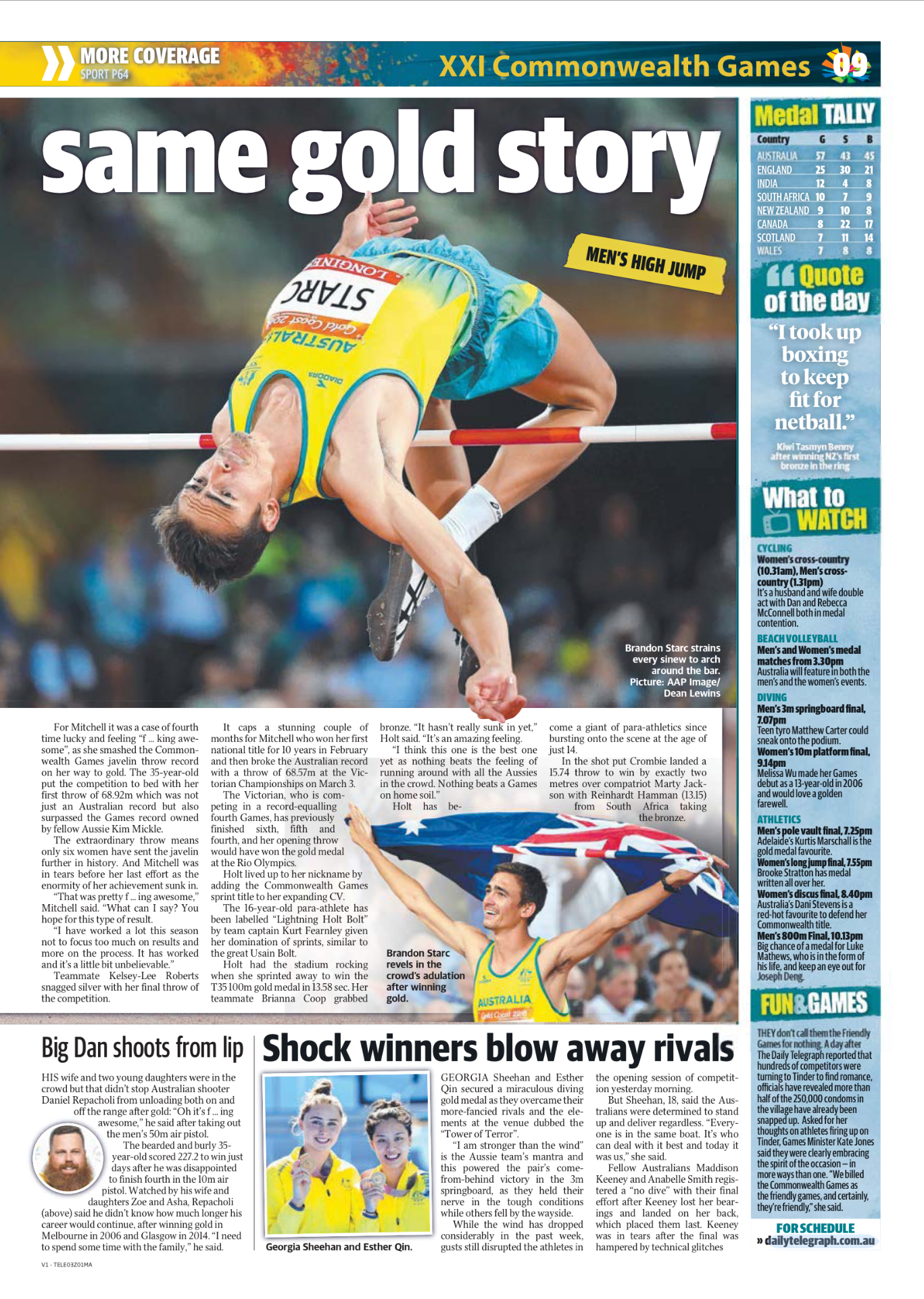 Newspaper page featuring the story of Australian athlete Brandon Starc winning gold in men's high jump at the XXI Commonwealth Games, with a photo of him celebrating with an Australian flag and a smaller photo of Georgia Sheehan and Esther Qin, winne