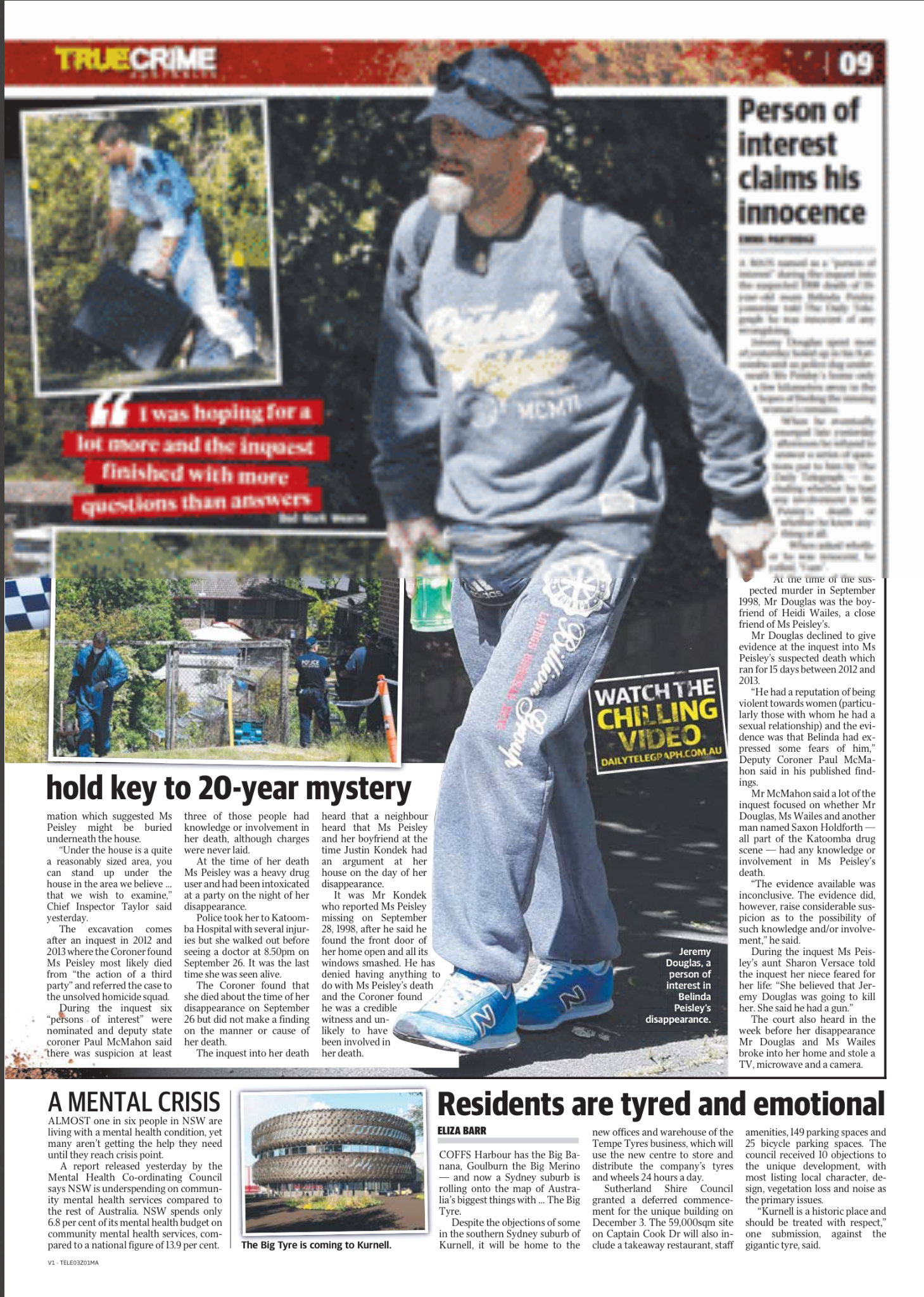 A man walking outdoors with a backpack and sunglasses, holding a drink, and a woman in the background near police officers and crime scene tape.