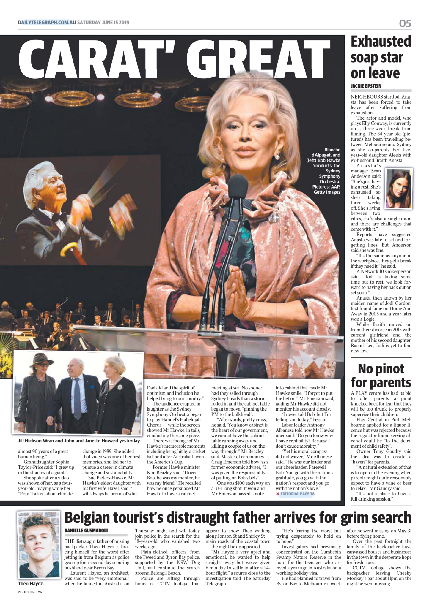 A newspaper page featuring a large photo of Blanche d'Alpuget speaking at a podium with a microphone, and a smaller inset photo of Bob Hawke, along with other images and text articles about various topics.