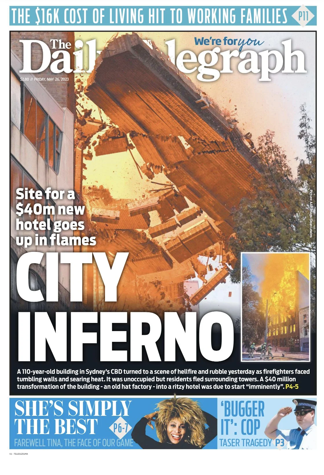 Front page of The Daily Telegraph newspaper with a headline about a building fire in Sydney's CBD, showing a building engulfed in flames and an emergency scene.
