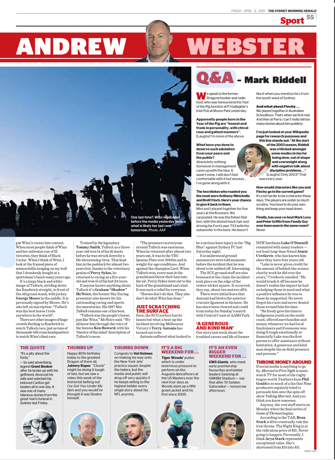 Front page of a newspaper sports section featuring a collage of photos and articles about sports figures, including Andrew Webster and Mark Riddell, with a silhouette of photographers taking pictures at an event.