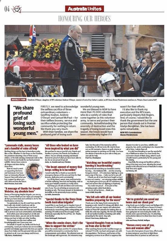 Funeral scene with a police officer saluting next to a casket surrounded by flowers, audience seated, and a person in uniform holding a framed photo in a church or memorial hall.