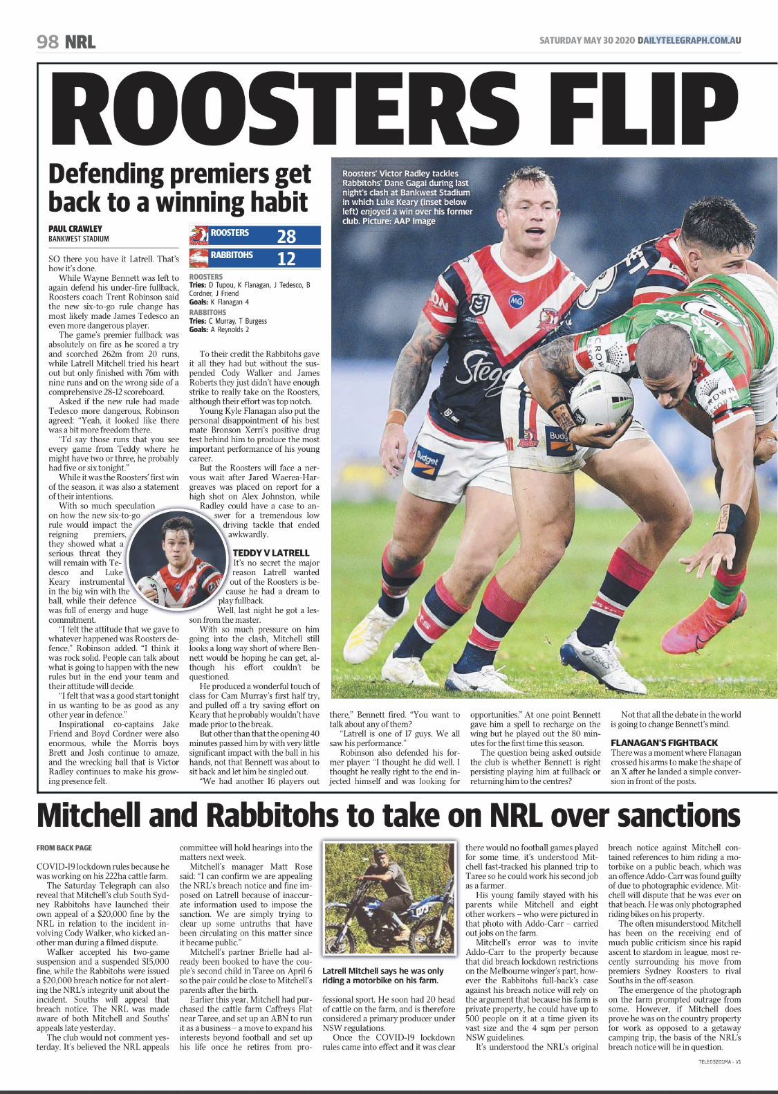 Newspaper sports article from May 30, 2020, about a rugby match where Roosters defeated Rabbitohs 28-12 at Bankwest Stadium, featuring players and game details.