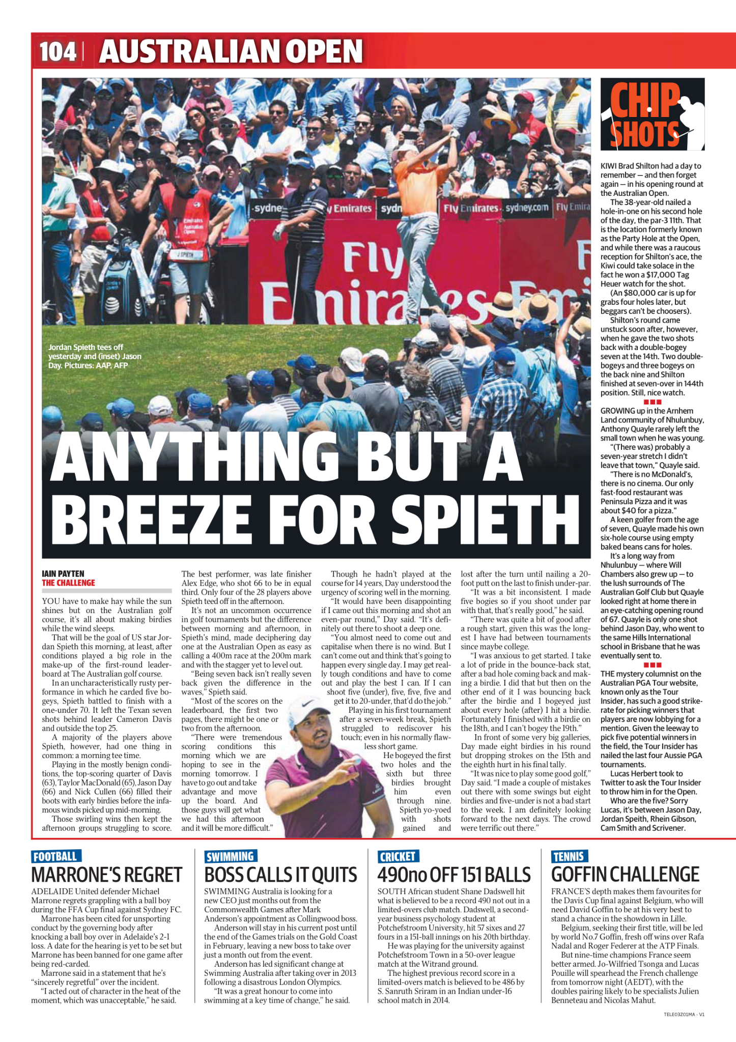 A large crowd of spectators watching a golf game at the Australian Open, with a golfer in an orange shirt taking a shot on the green. There is a red advertising banner and numerous viewers in caps and sunglasses.