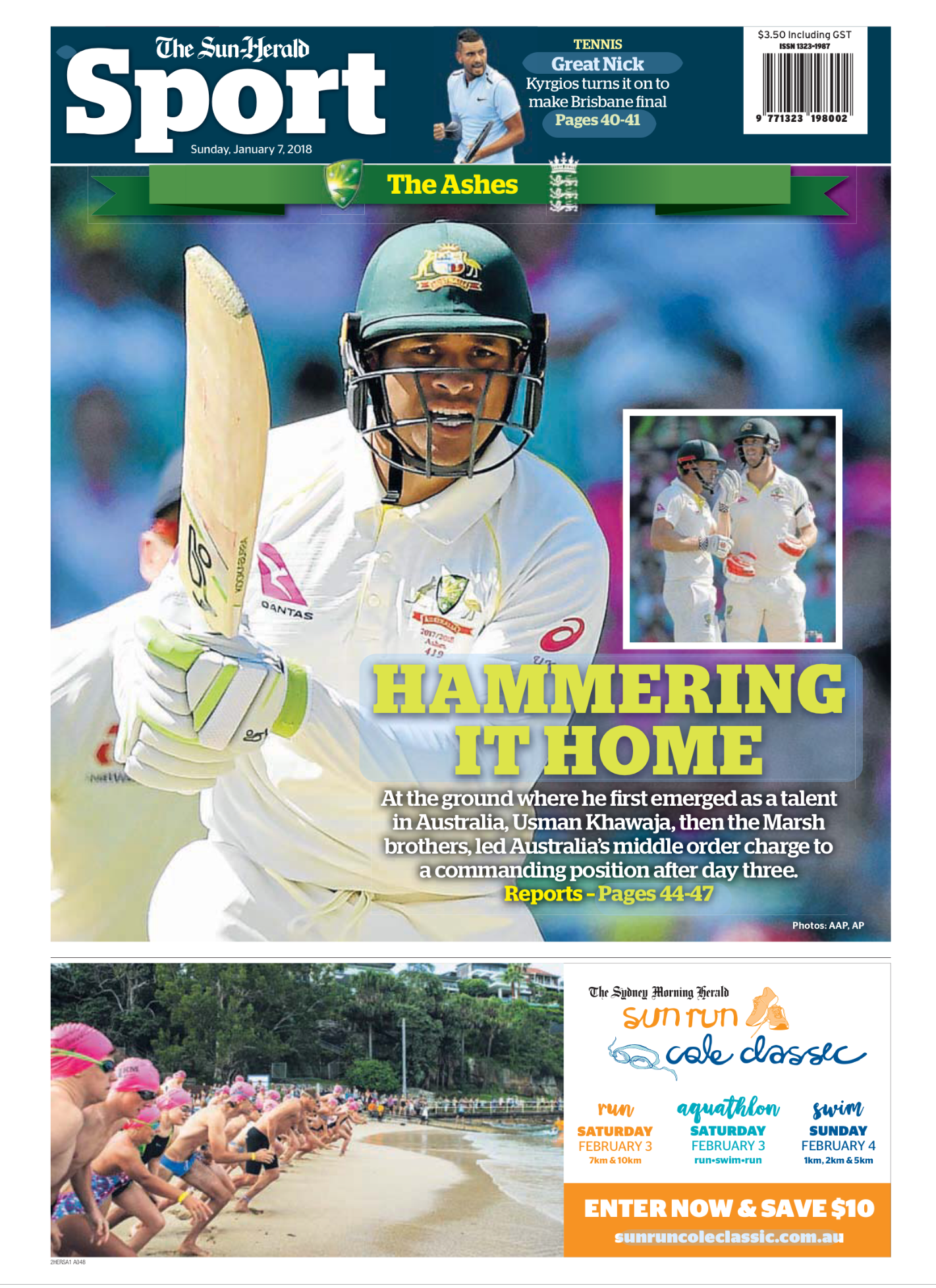 Front page of The Sun-Herald sports section, dated Sunday, January 7, 2018. Features a large photo of Australian cricketer Usman Khawaja wearing cricket gear, holding a bat, with a headline saying "HAMMERING IT HOME" and a caption about his rise to a