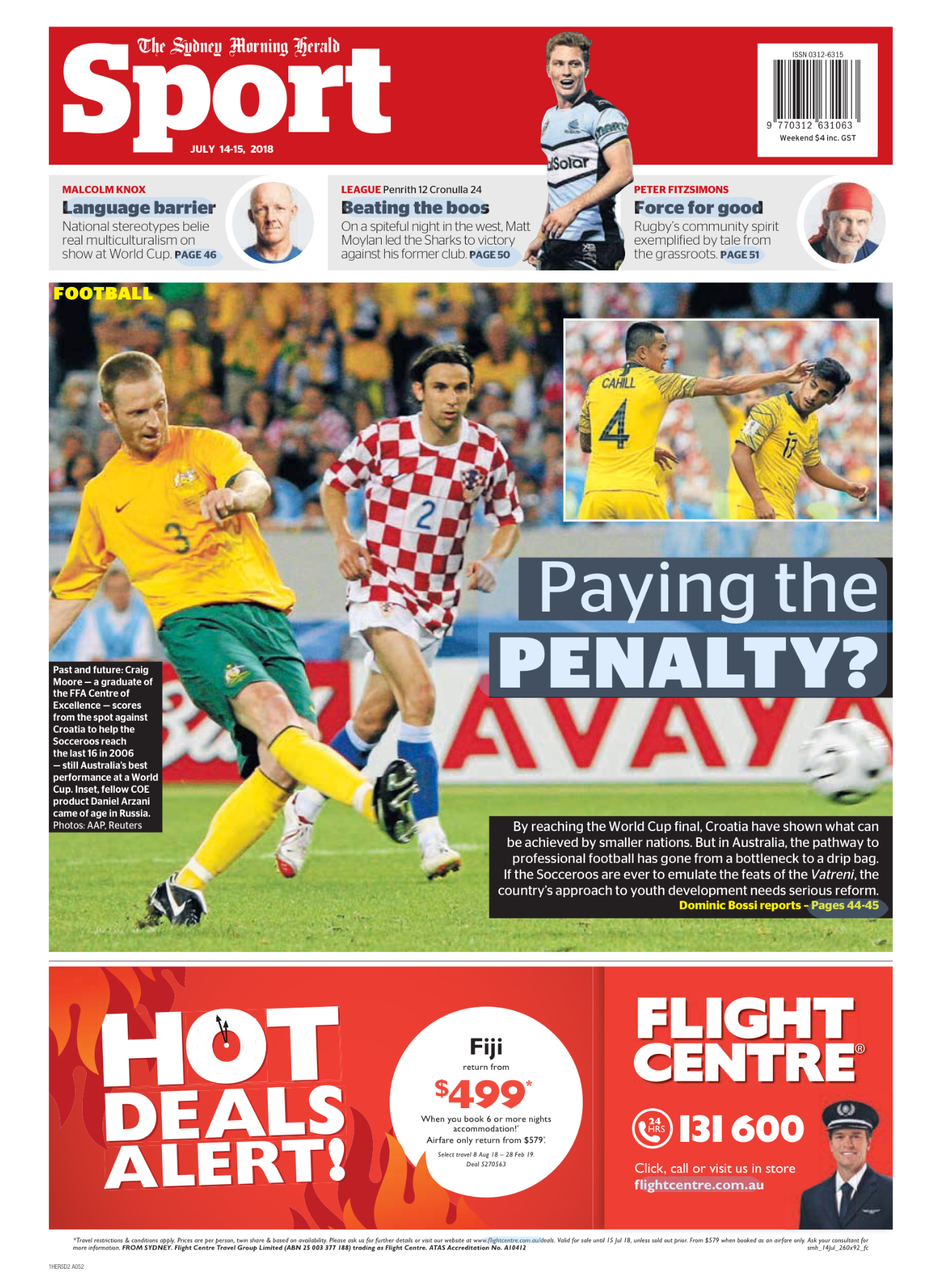 Front page of Sydney Morning Herald Sport section, July 14-15, 2018, featuring a large photo of a soccer match with Croatian and Australian players, with the headline 'Paying the Penalty?'