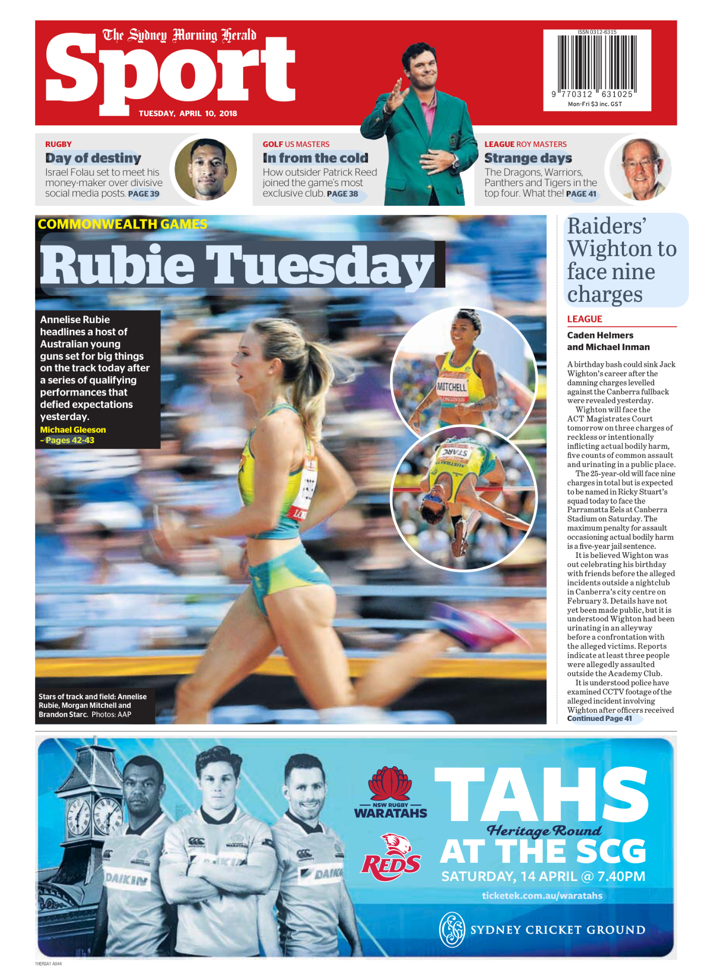 Front page of The Sydney Morning Herald Sport section, April 10, 2018, featuring Annalise Rubie running in a track event, with headlines about Commonwealth Games and other sports news.