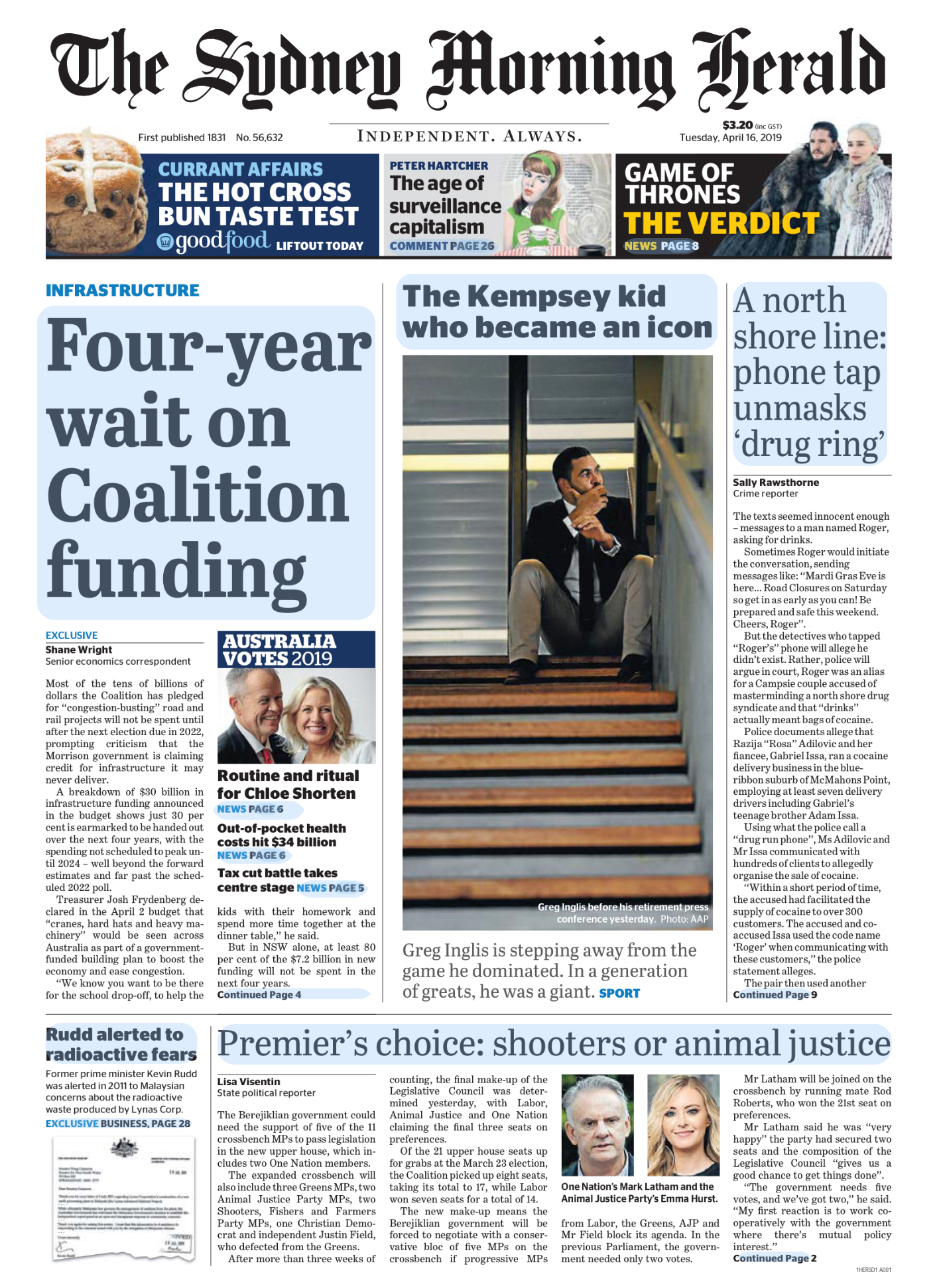 Front page of The Sydney Morning Herald newspaper dated April 16, 2019, featuring headlines about infrastructure funding, a kid who became an icon, drug rings, a retirement press conference of Greg Inglis, and political election coverage with photos 