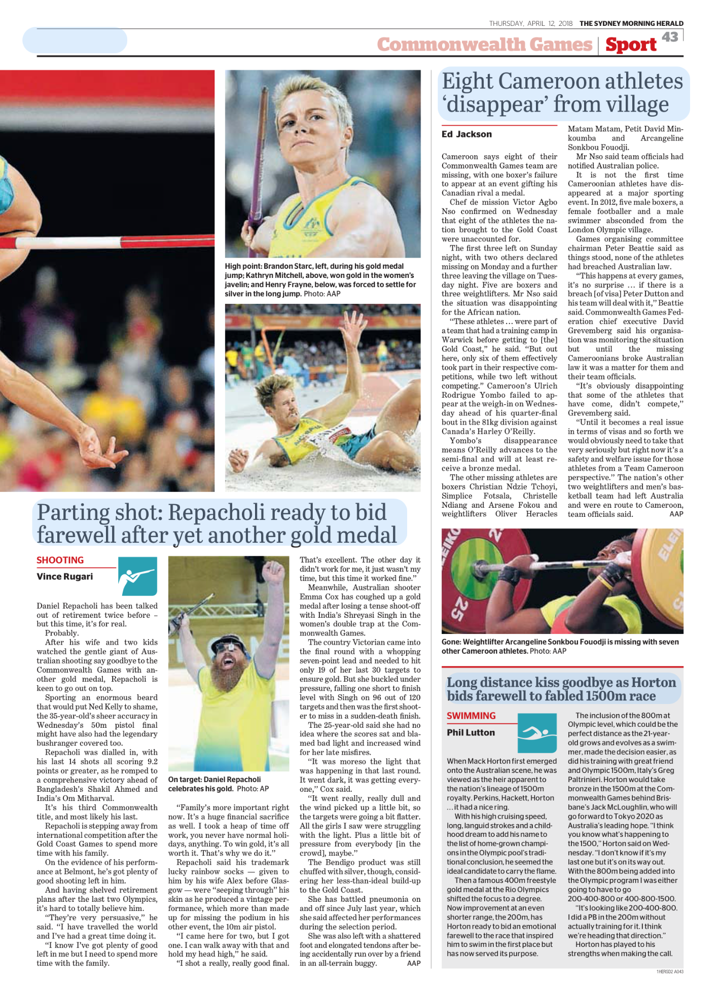 Newspaper sports article from Sydney Morning Herald, April 12, 2018, featuring photos of Cameroon athletes, including Brandon Stark and Kathryn Mitchell, and coverage of the Commonwealth Games track and field events.