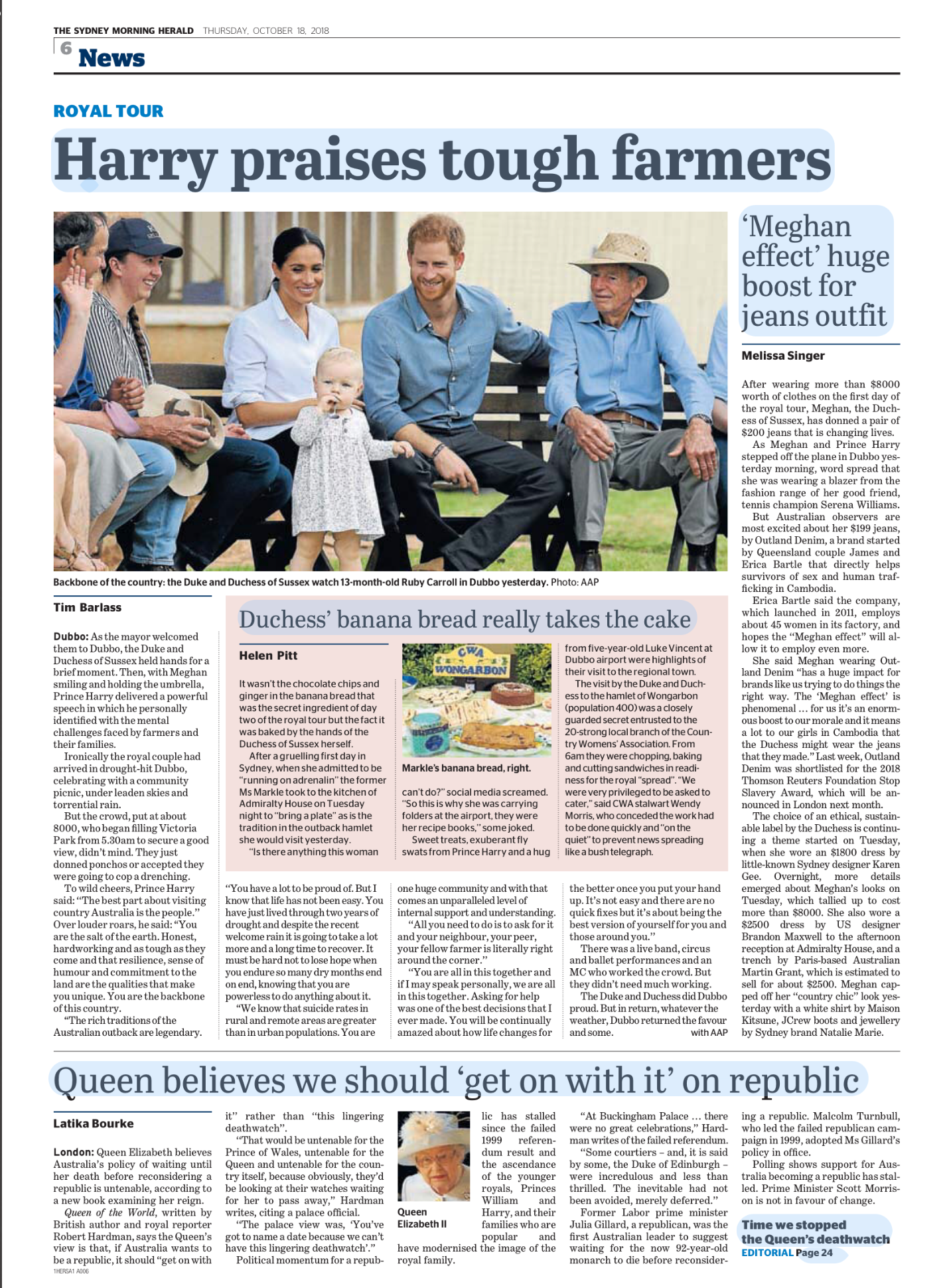 Newspaper page with a large photo of the Duke and Duchess of Sussex sitting on a bench, watching a 13-month-old girl. The headline reads 'Harry praises tough farmers.'