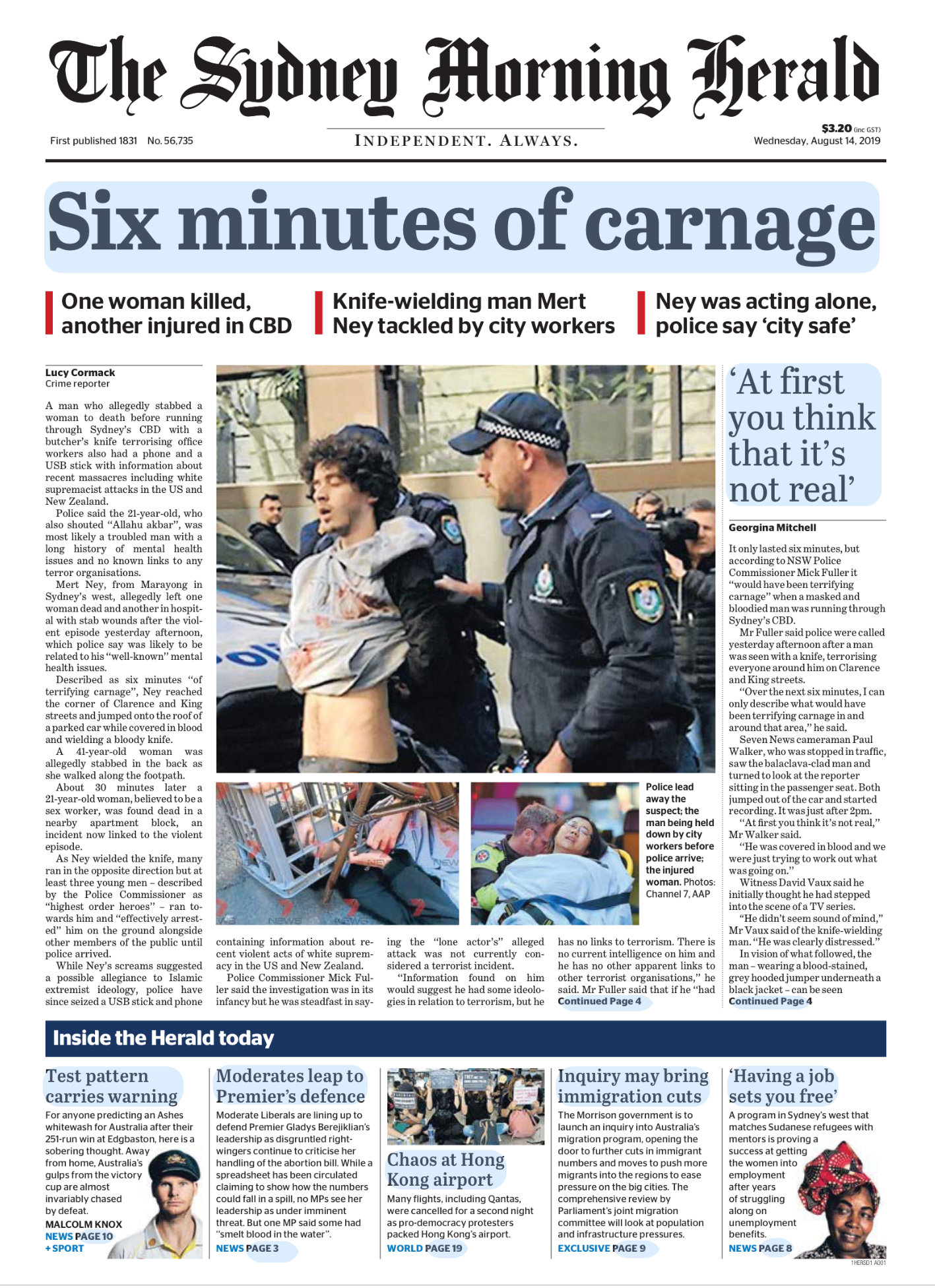 Front page of The Sydney Morning Herald newspaper with headline 'Six minutes of carnage', featuring pictures of a police officer arresting a man, police leading away a suspect, and a woman on the ground. Articles discuss a stabbing incident in CBD, p