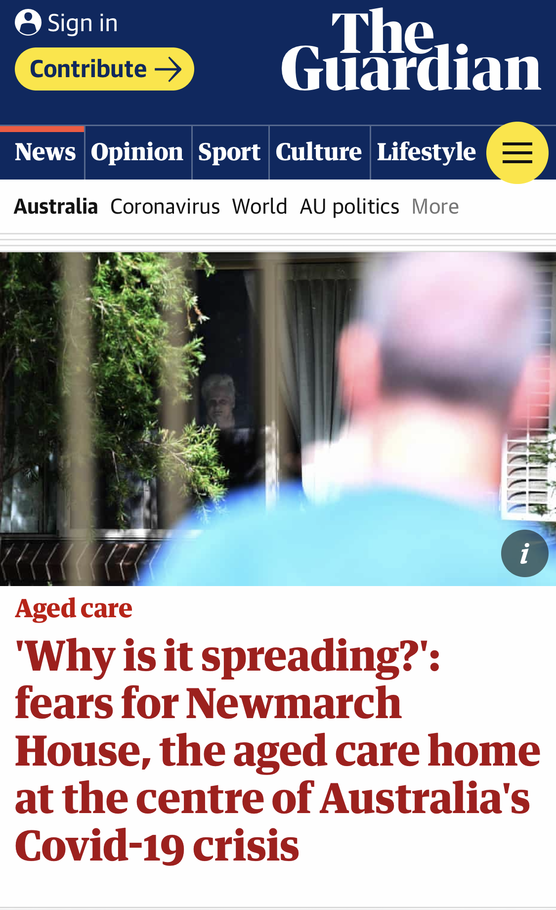 Screenshot of The Guardian website displaying a headline about aged care and COVID-19 in Australia. The page includes navigation links and a photo of a person looking out of a window, with another person seen from behind in the foreground.