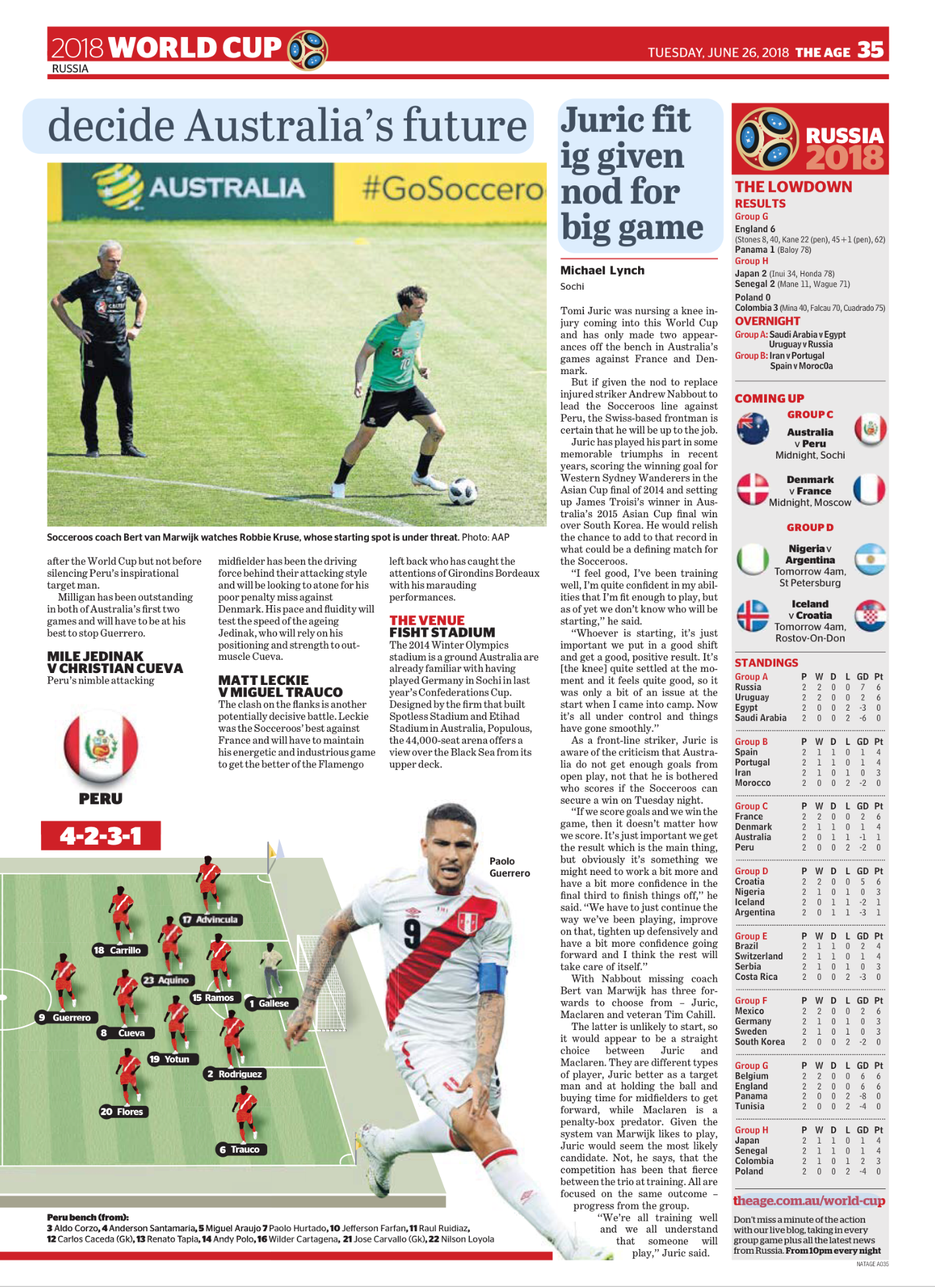 A sports newspaper page from the 2018 World Cup in Russia, dated Tuesday, June 26, 2018. It features an article about football and includes a photograph of Socceroos coach Bert van Marwijk watching Robbie Kruse, whose starting spot is under threat, d