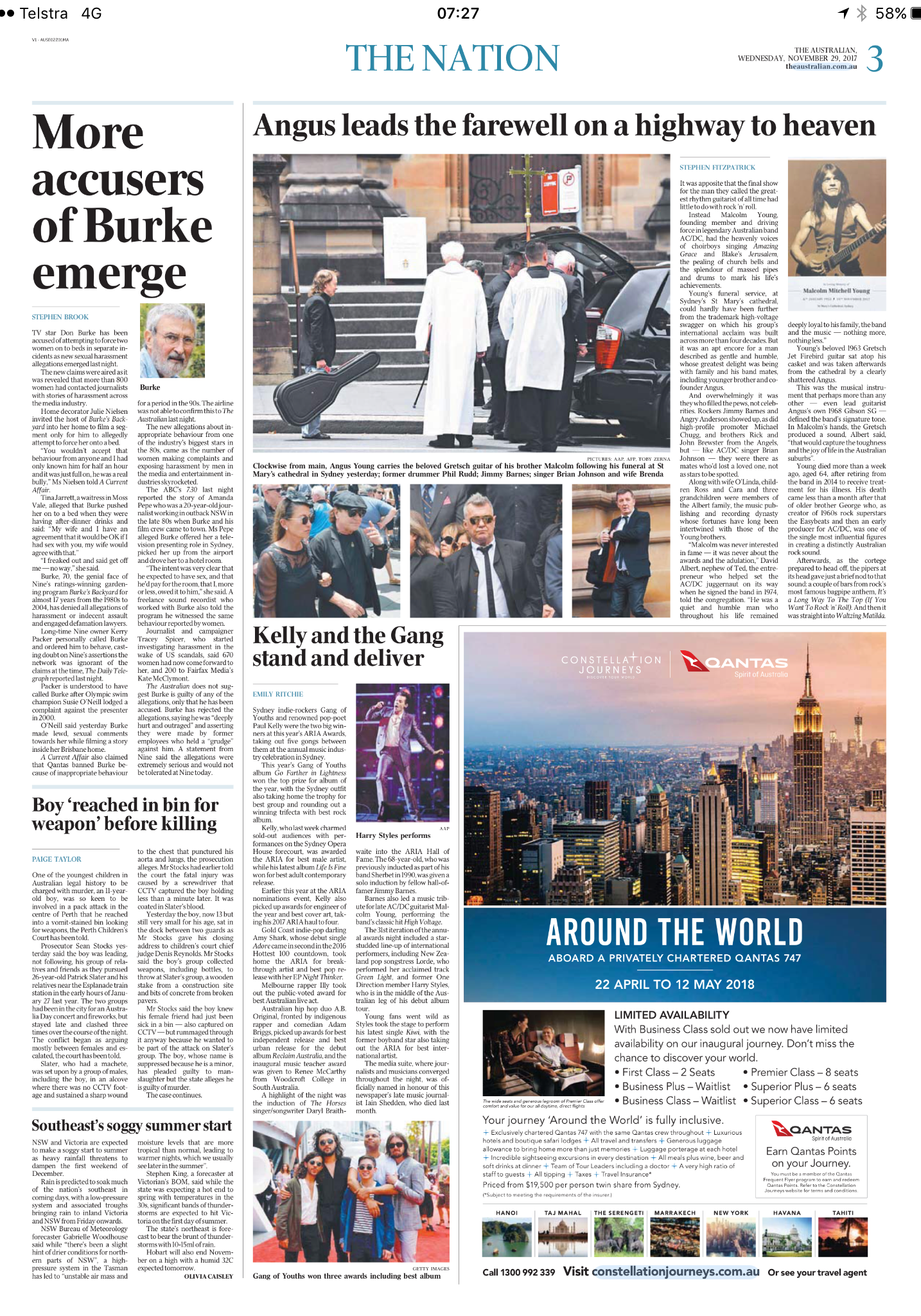 Newspaper page featuring headlines and photos, including a funeral procession, a group of young people, and a city skyline advertisement.