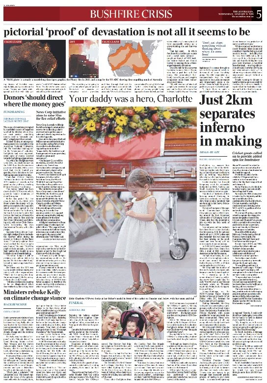 Front page of a newspaper featuring multiple articles, including a photo of a young girl in a white dress standing in front of a casket adorned with flowers, and a smaller photo of a family at a funeral.
