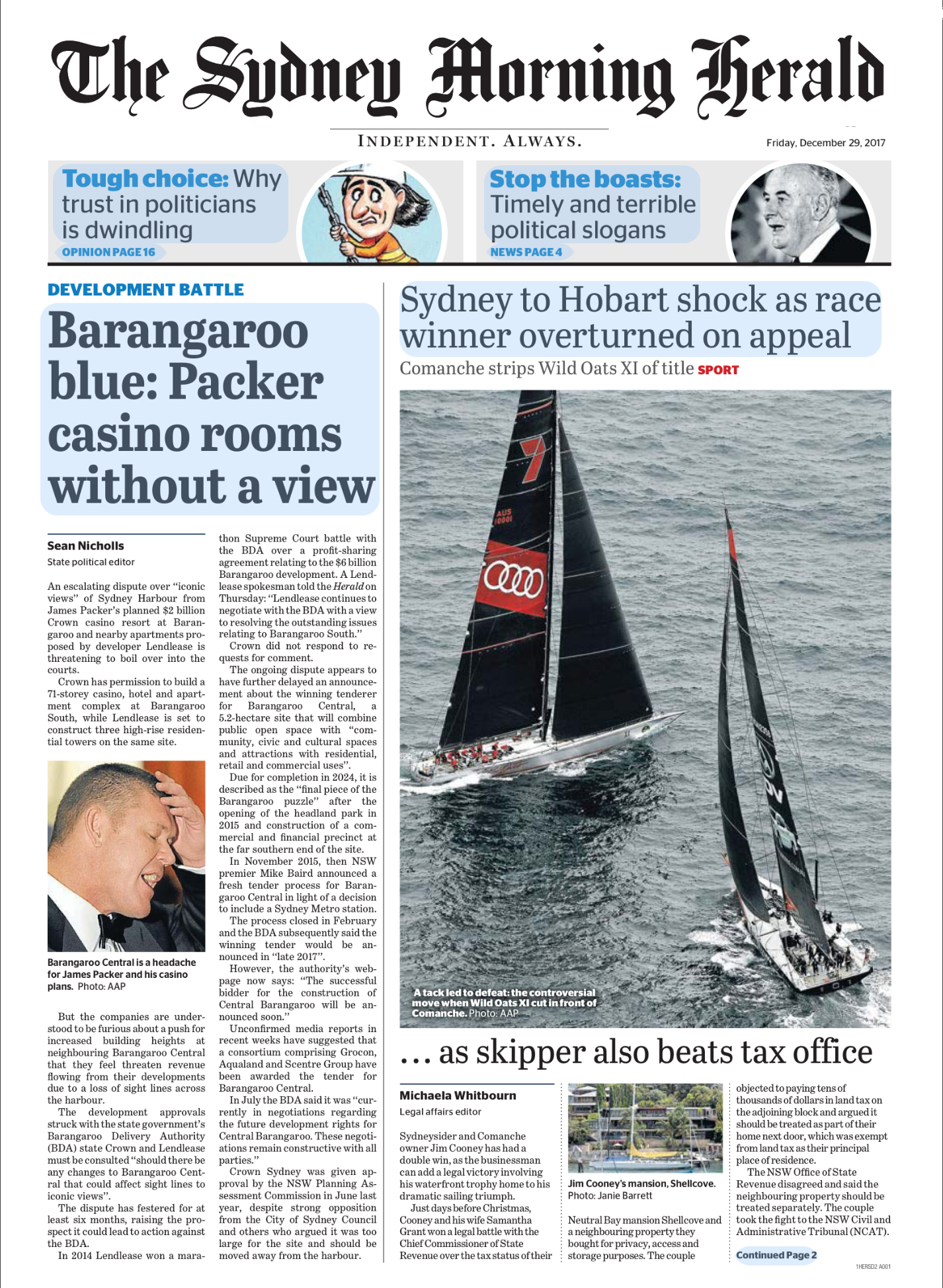 Front page of The Sydney Morning Herald newspaper, dated December 29, 2017, featuring headlines about local politics, a sailing race, a casino development dispute, legal issues involving a city mayor, and a story about a skirmish at a tax office.