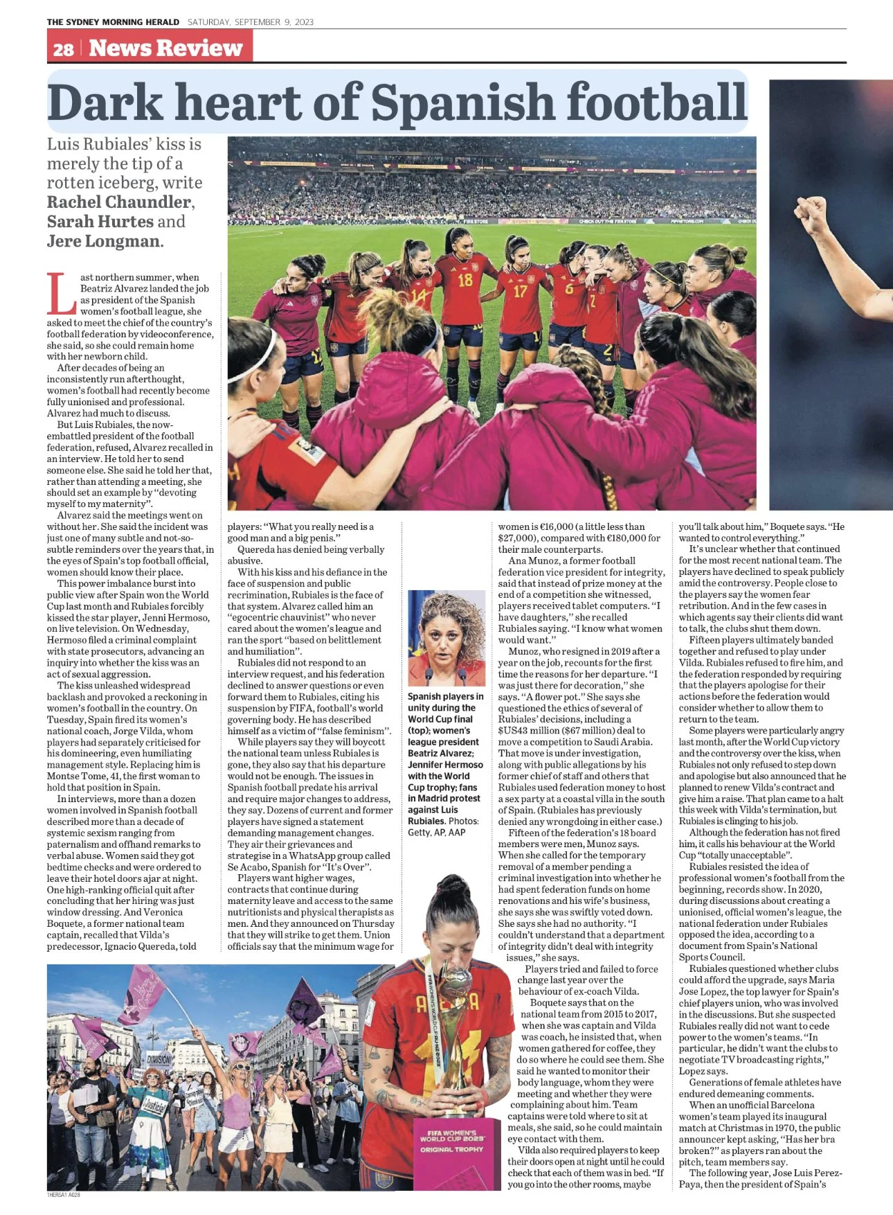 Newspaper page featuring an article titled 'Dark heart of Spanish football'. The page includes a photo of a women's soccer team in red and navy uniforms on the field, a photo of a woman with tattoos holding a trophy, and a smaller photo of women prot