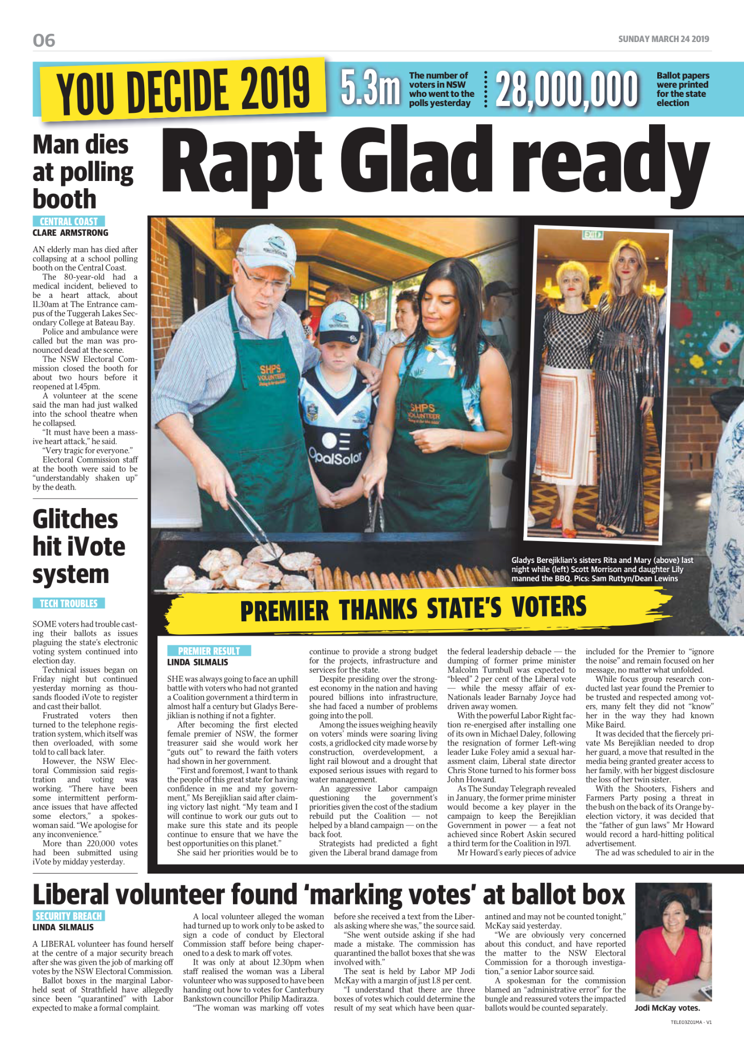 Newspaper page with headlines about the 2019 election in Australia, showing a man at a polling booth, a woman and a child voting, and a woman at a social event.