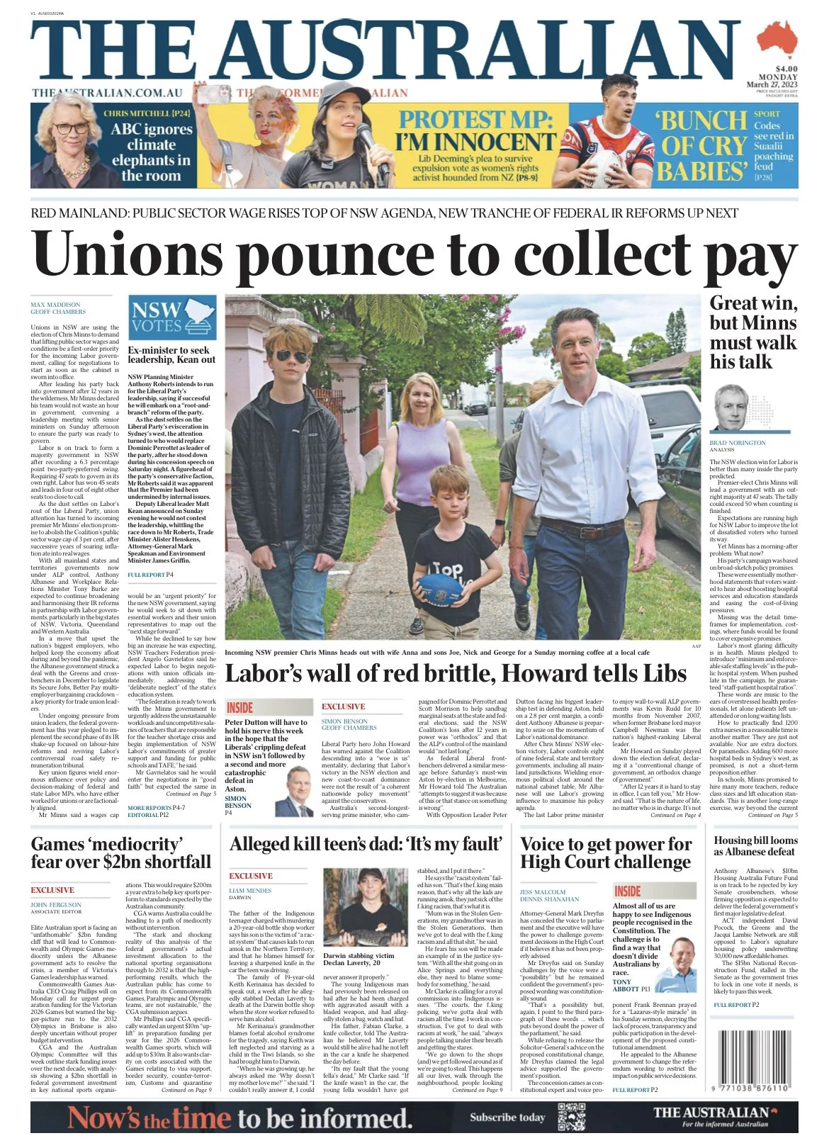 Front page of The Australian newspaper dated March 27, 2023, featuring headlines about union activity, Labor's political issues, and a photo of a man with family.