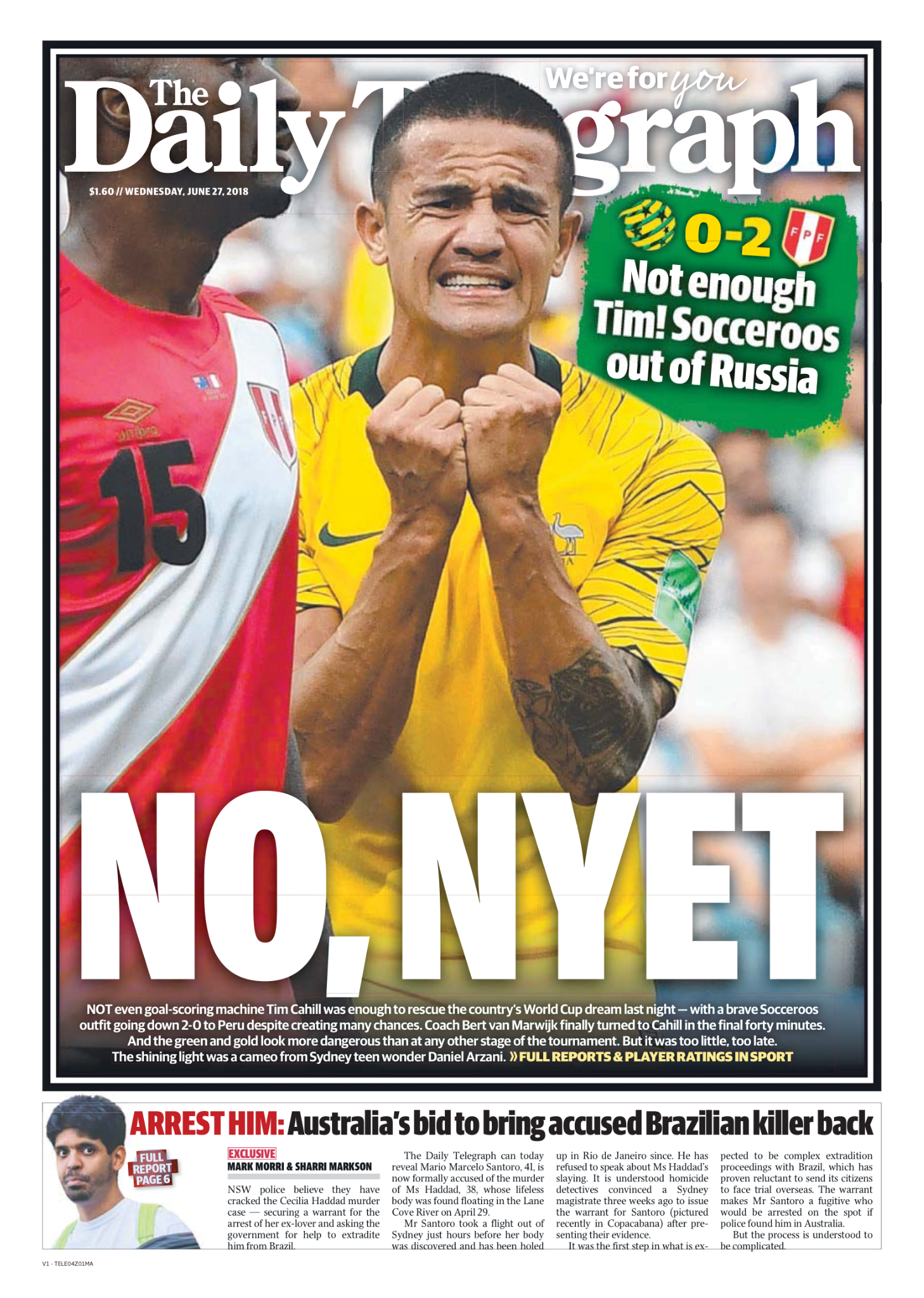 Cover of the sports section of a newspaper showing a soccer player in yellow celebrating with clenched fists, and a player in red and white. Headline reads 'NO, NYET', with a subheadline about the game between Mexico and Peru ending in a 0-2 score wi