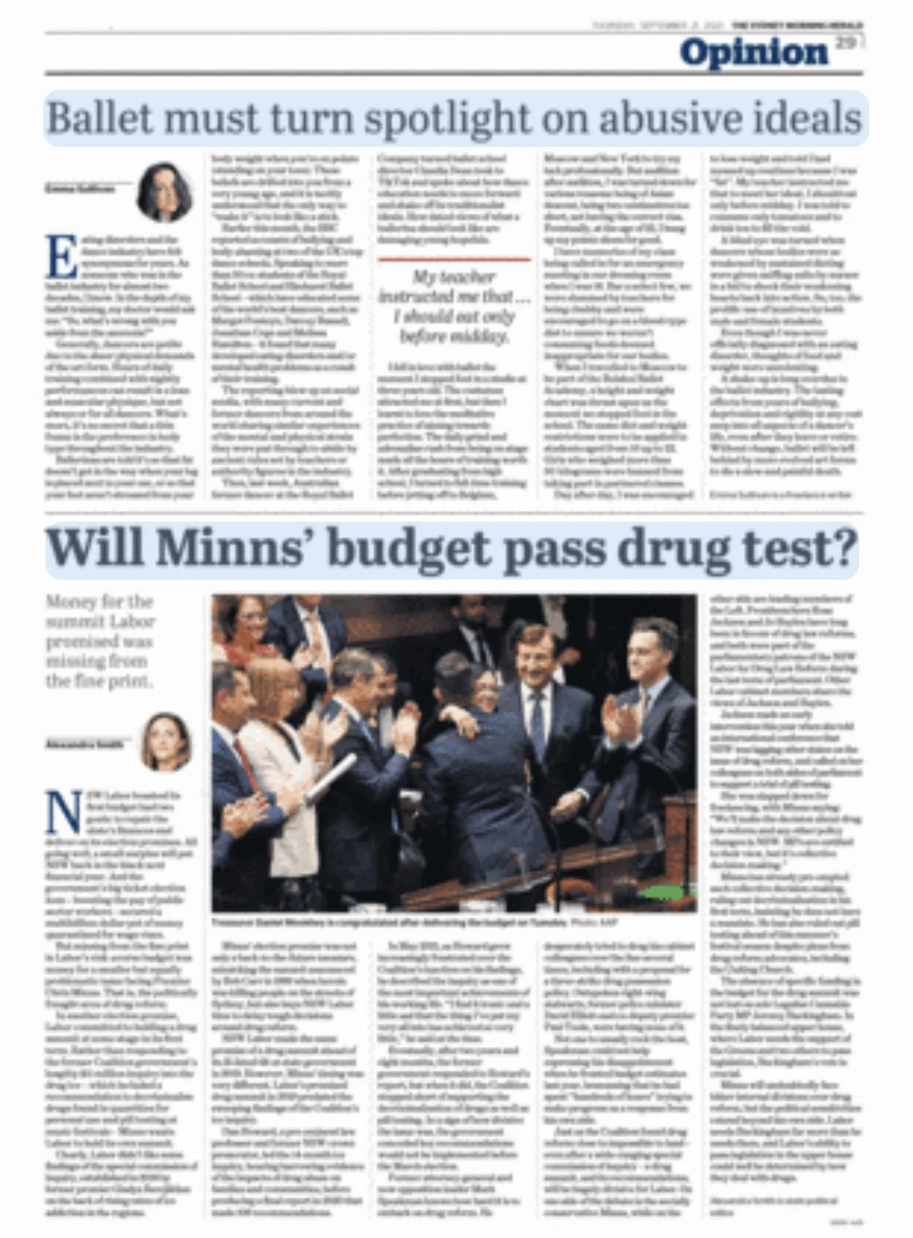 A newspaper opinion section with a headline reading 'Ballet must turn spotlight on abusive ideals' and a subheading asking if Minnesotans' budget will pass a drug test. The page features multiple columns of text and a large photo of a group of politi