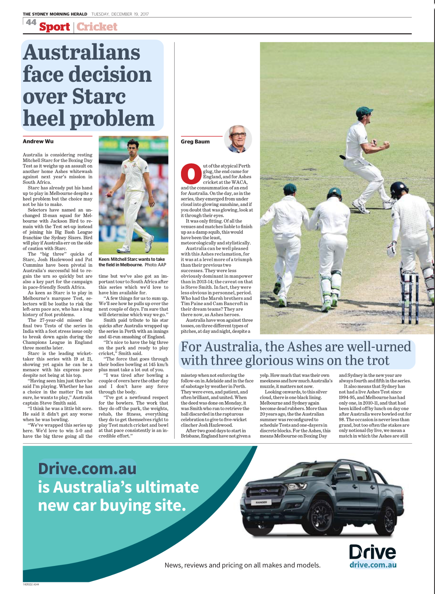 Newspaper sports article and photo of cricket players on a field. The article discusses Australian cricket team and Mitchell Starc. There is also a car advertisement at the bottom.