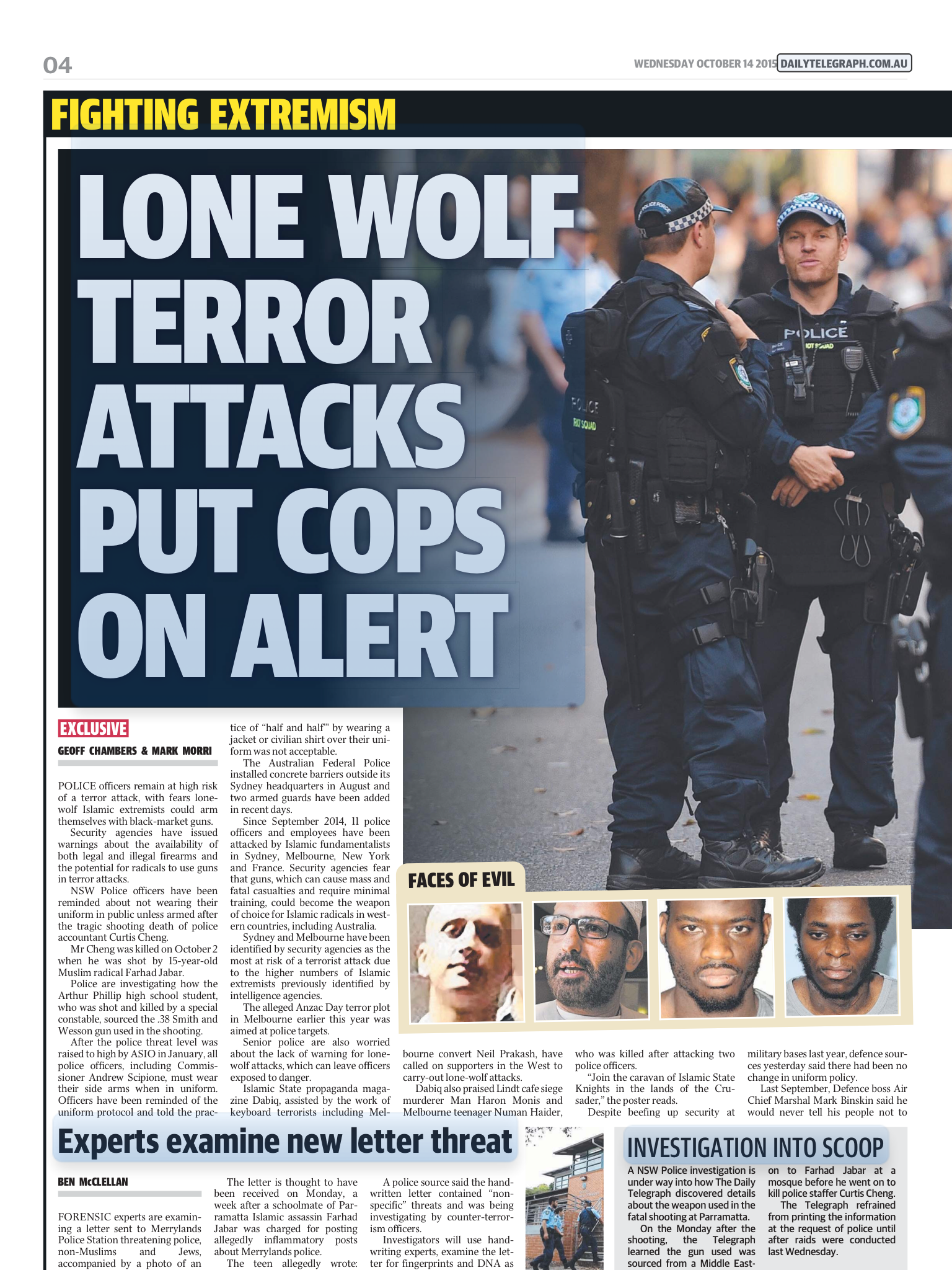 Front page of a newspaper with a headline about Lone Wolf Terror Attacks and police officers talking on the street. Smaller photographs of individuals related to the story are at the bottom.