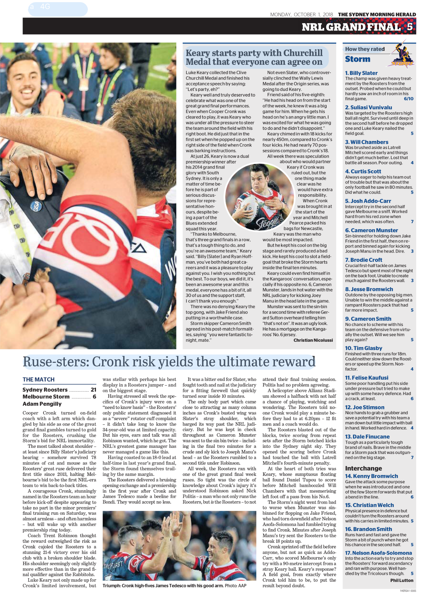 A group of Sydney Roosters rugby players celebrating on the field, with one player hugging another. The scene appears to be after a match, with players in uniform and medals around their necks.