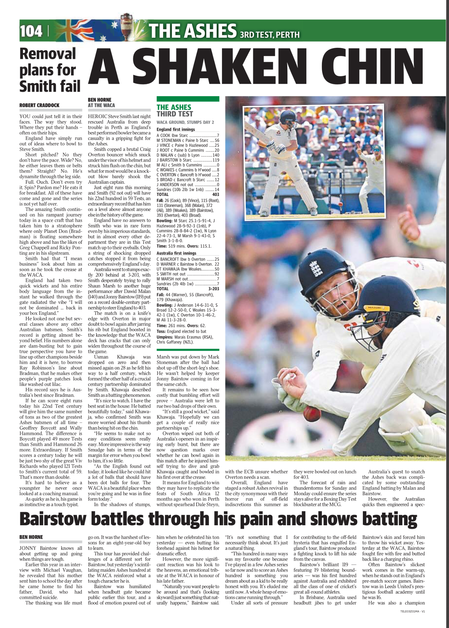 Newspaper sports article about cricket match at the WACA in Perth, discussing the performance of players Jonny Bairstow and Steve Smith, with a photo of a cricket player batting and a crowd in the background.
