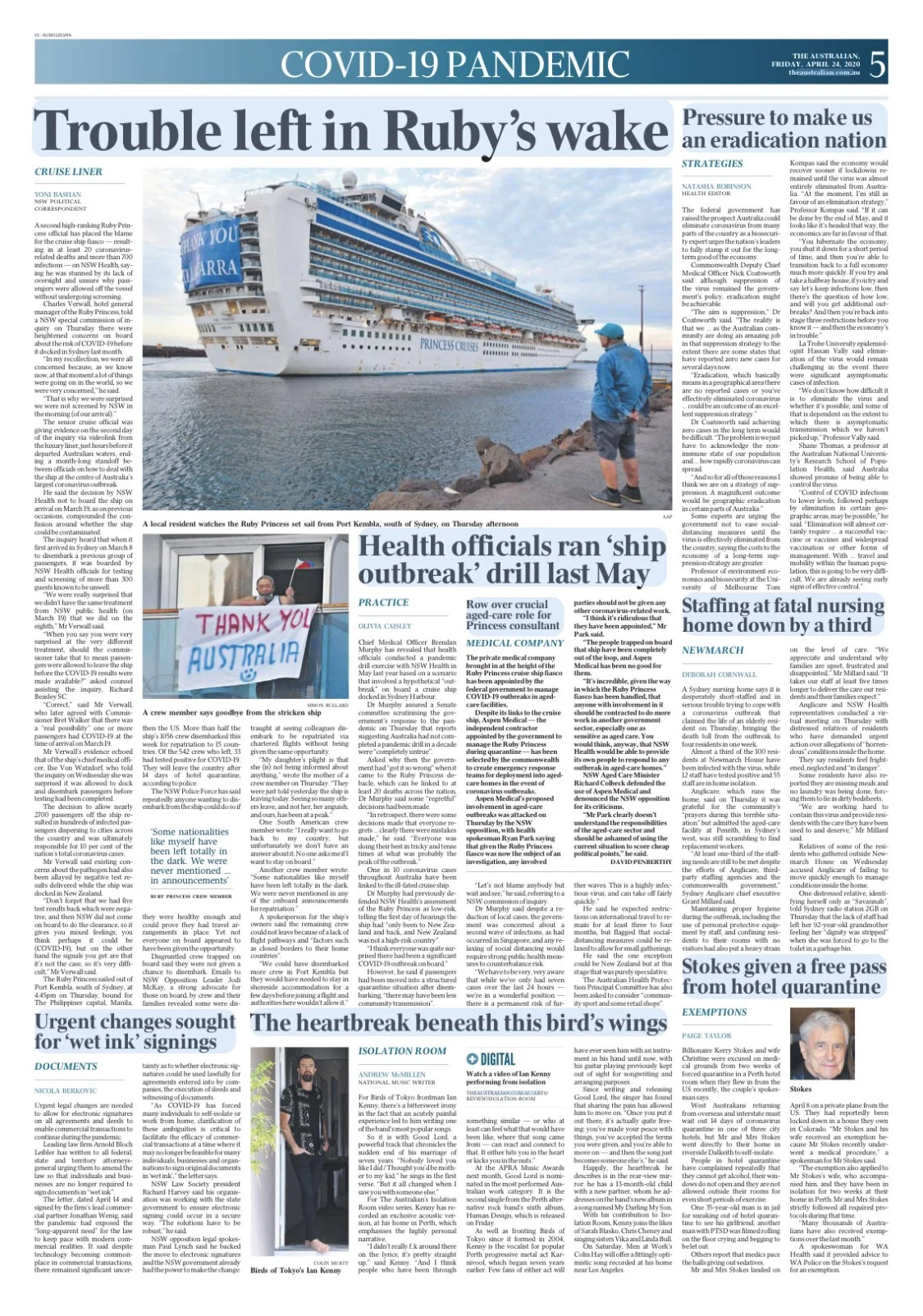 Front page of a newspaper with headlines about the COVID-19 pandemic, a cruise ship, and a bird with broken wings. Includes images of a cruise ship at the dock, a person holding a sign that says "Thank you Australia," and a bird in an isolation room.