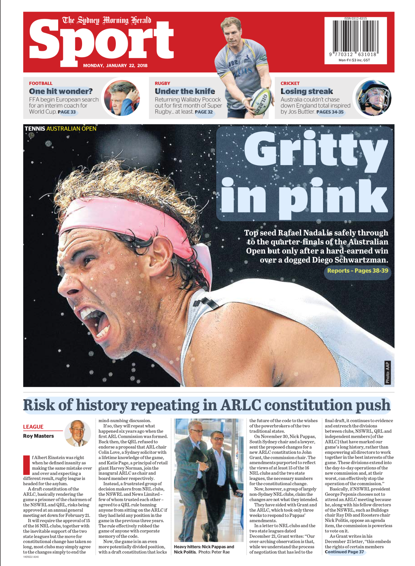 Front page of The Sydney Morning Herald sports section, dated January 22, 2018, featuring a large photo of tennis player Rafael Nadal celebrating on court, wearing a pink headband and white shirt, with water droplets in the background. The headline r