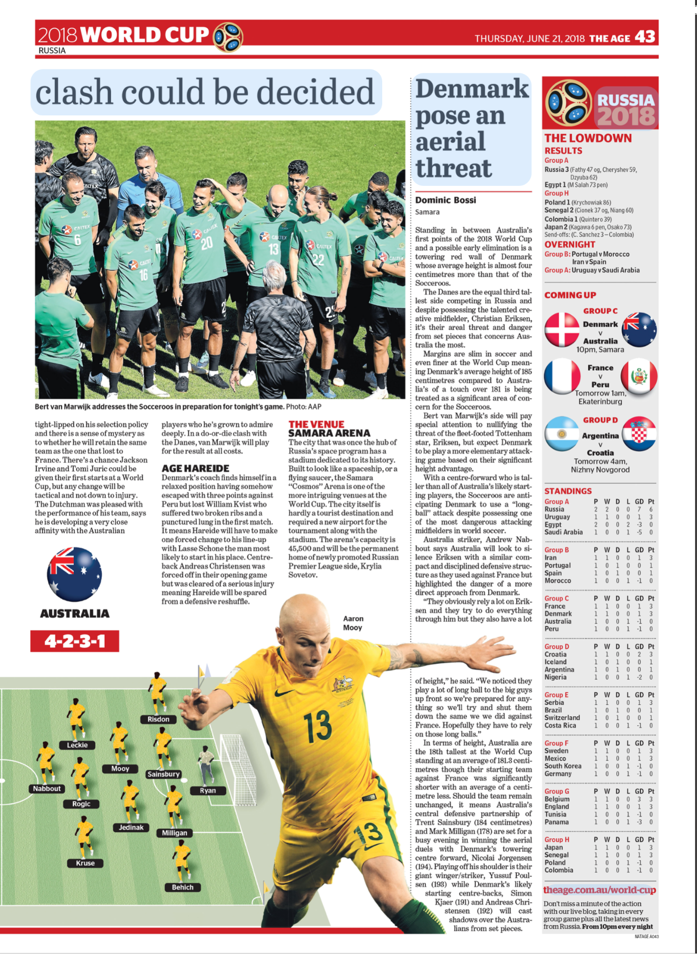 Newspaper page from the 2018 FIFA World Cup, Russia, featuring a headline about a potential clash, a photograph of the Danish soccer team practicing, and articles discussing the tournament matches and teams.