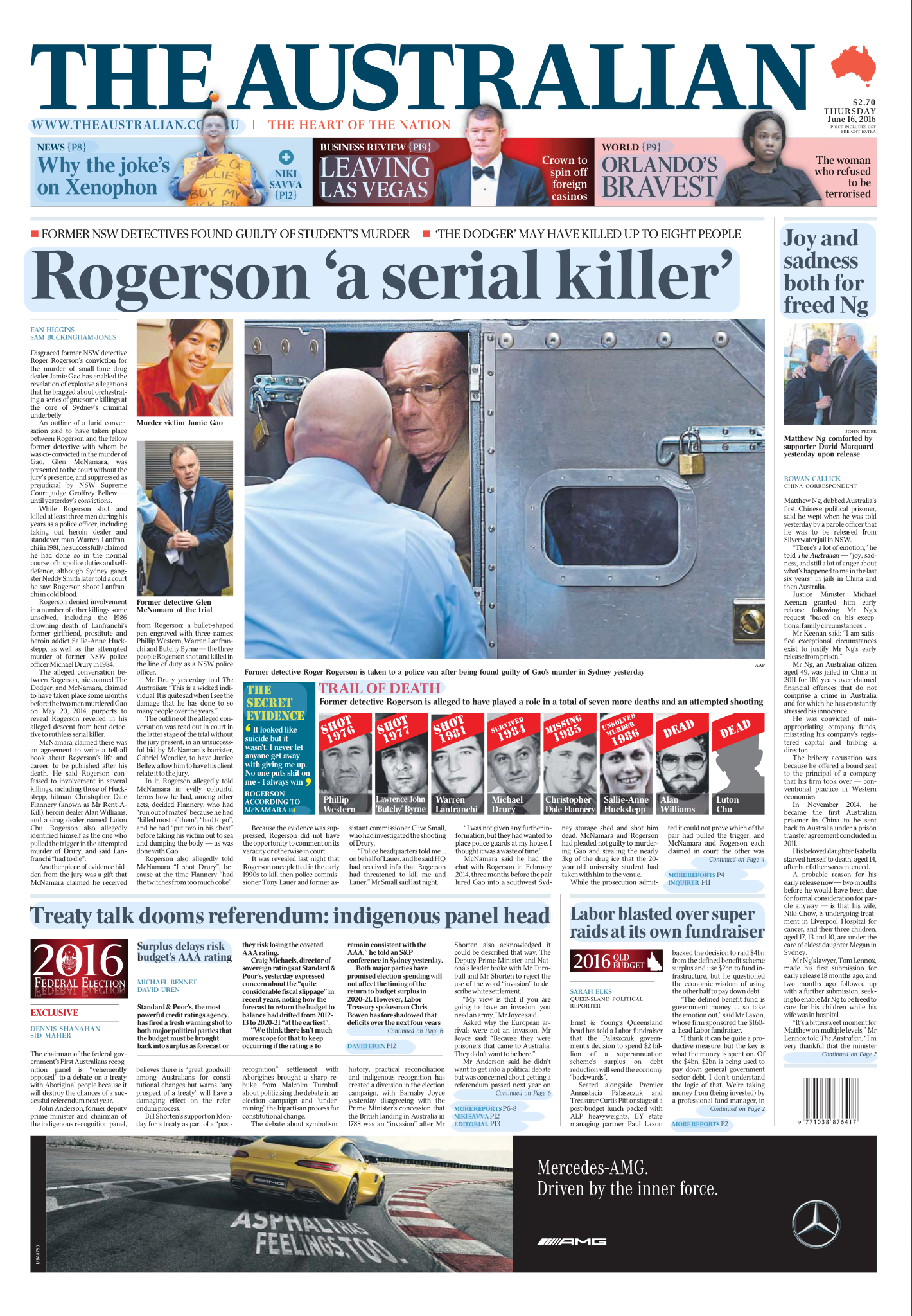 Front page of The Australian newspaper featuring a headline about Roger Rogerson, with a photo of him being taken into custody by police, and other smaller images and headlines related to Australian news.