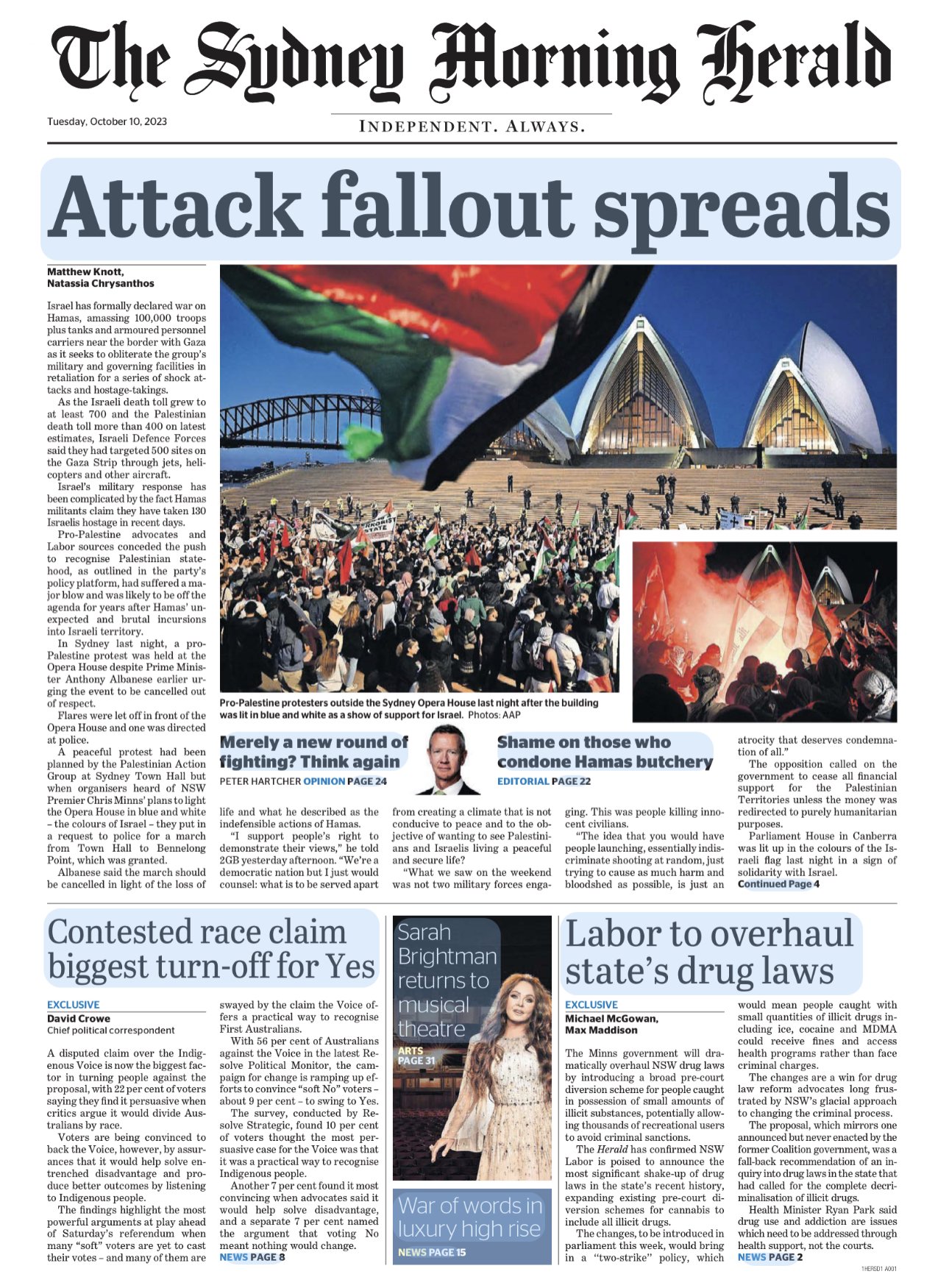 Front page of The Sydney Morning Herald newspaper with headline 'Attack fallout spreads,' showing a large crowd protesting outside the Sydney Opera House at night, with a photo of the building lit up and protesters holding Palestinian flags, and anot