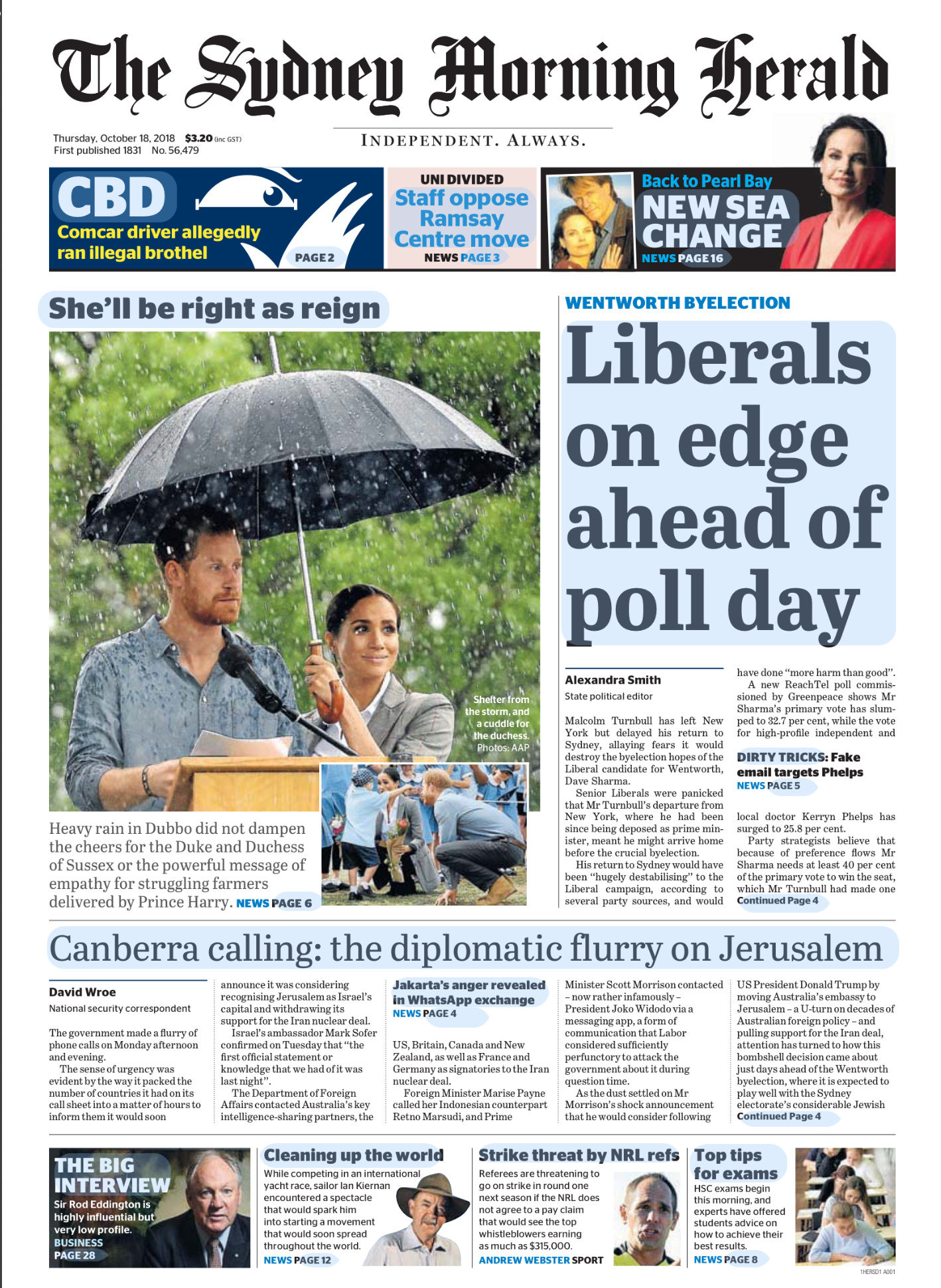 Front page of The Sydney Morning Herald newspaper, dated Thursday, October 18, 2018. Headline story about Liberal candidates on edge ahead of the upcoming poll, accompanied by an image of Australian politician Scott Morrison. Other articles cover top