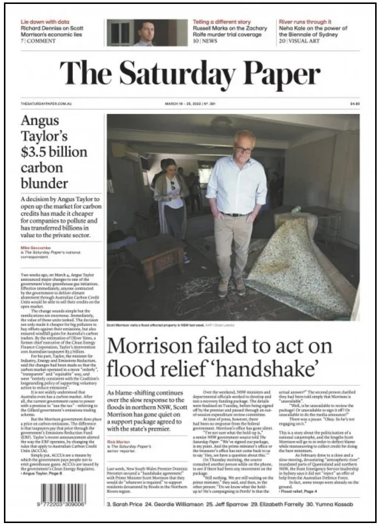 Front page of The Saturday Paper newspaper featuring a headline about Angus Taylor's $3.5 billion carbon blunder, with a photo of a man in glasses and a light blue shirt standing indoors, surrounded by a few people.