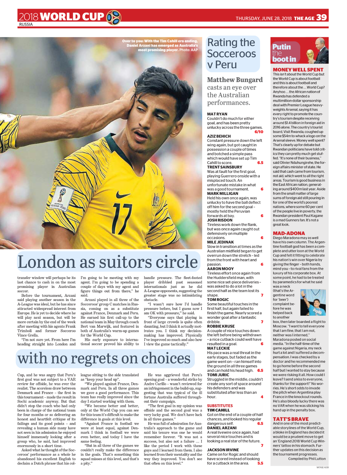 Australian soccer player wearing a yellow jersey with the number 17, holding his head, during a match in the 2018 FIFA World Cup, Russia.