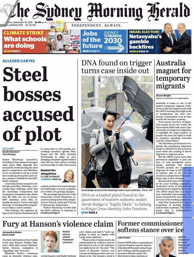 Front page of The Sydney Morning Herald newspaper featuring headlines about a plot by steel bosses, DNA evidence in a case, and other news stories.