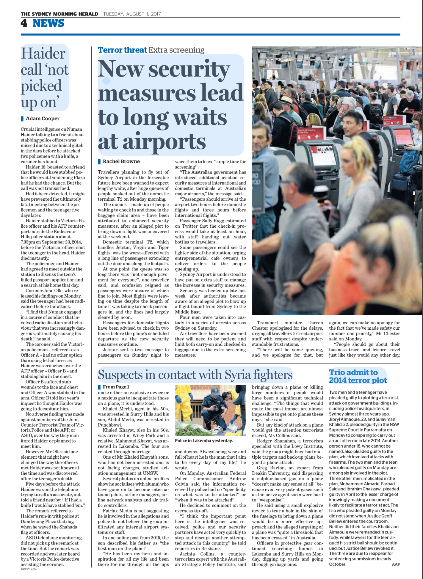 A crowded airport terminal with passengers waiting in line and sitting, many with luggage, at check-in counters and security areas.