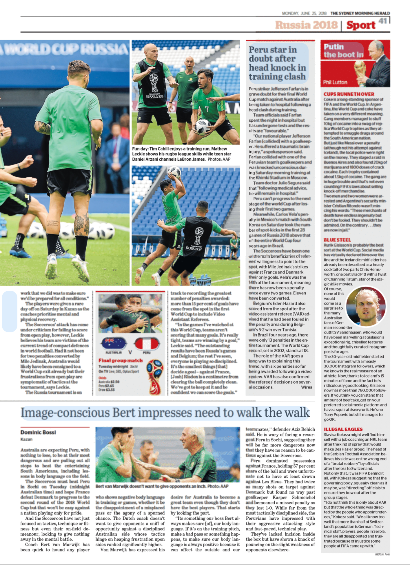 Sports section of a newspaper featuring an article about soccer, including photos of players training and a match, along with scores and commentary on the game.